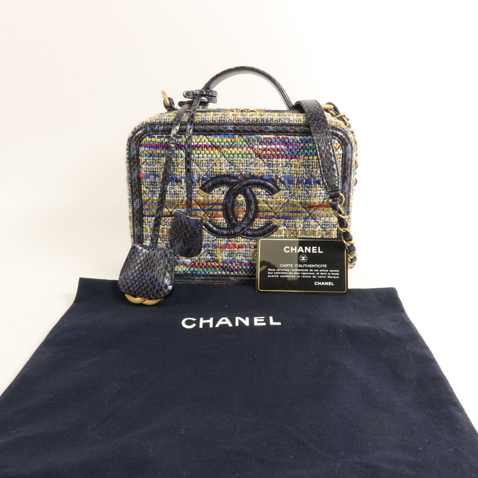 CHANEL 粗花呢/蛇皮皮革Filigree Vanity Case M手挽肩背兩用袋