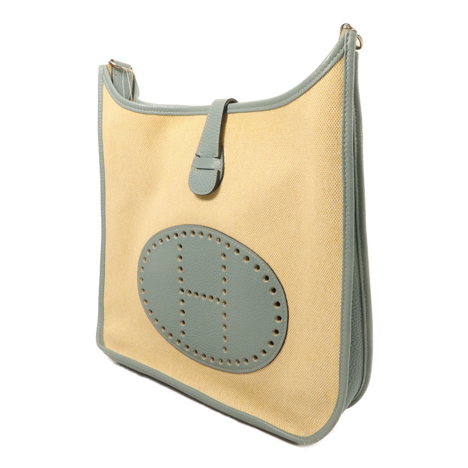 HERMES Toile H帆布/Clemence皮革Evelyne GM肩背袋Ciel