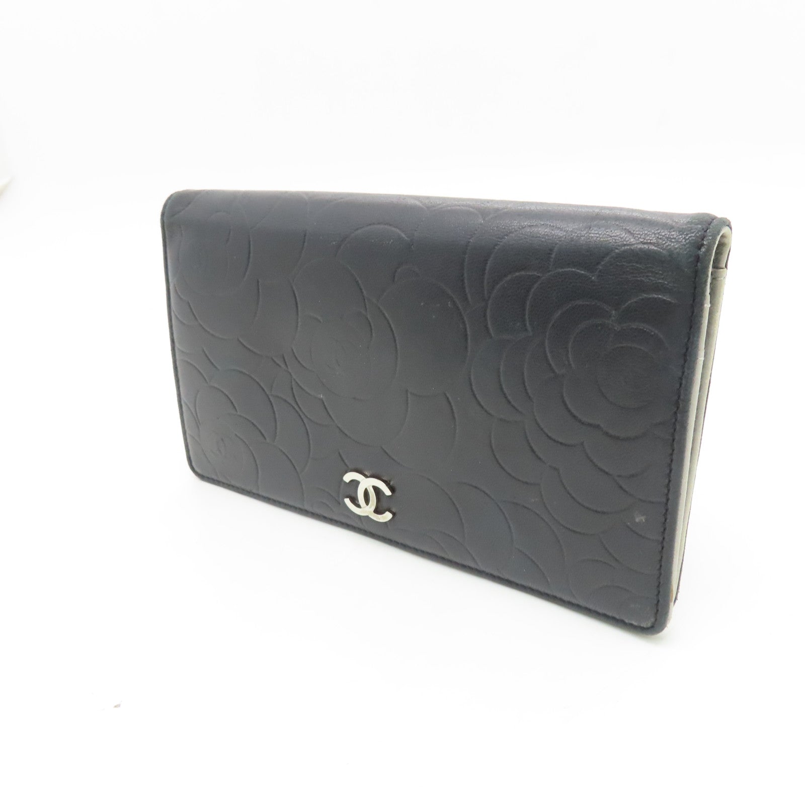 CHANEL Sheepskin Leather Long Wallet Silver Buckle Long Wallet Black