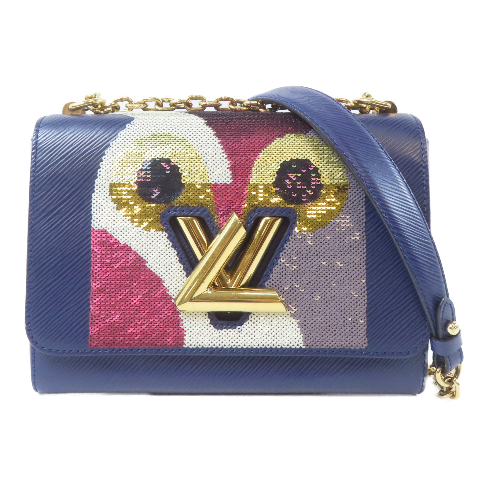 LOUIS VUITTON EPI Sequin Owl Twist MM金扣鏈帶肩背袋深藍色
