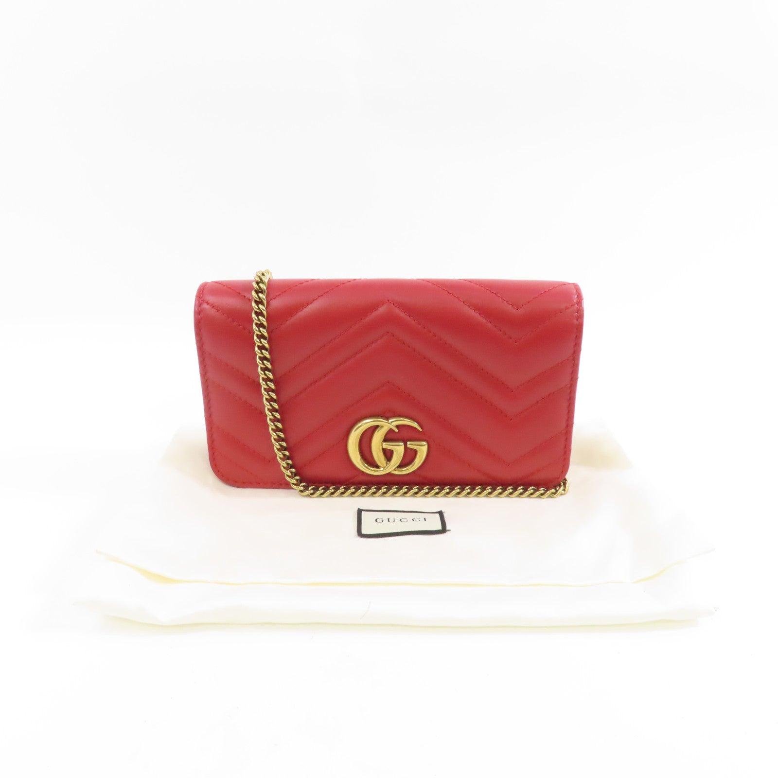 GUCCI 牛皮皮革GG Marmont金扣鏈帶肩背袋紅色
