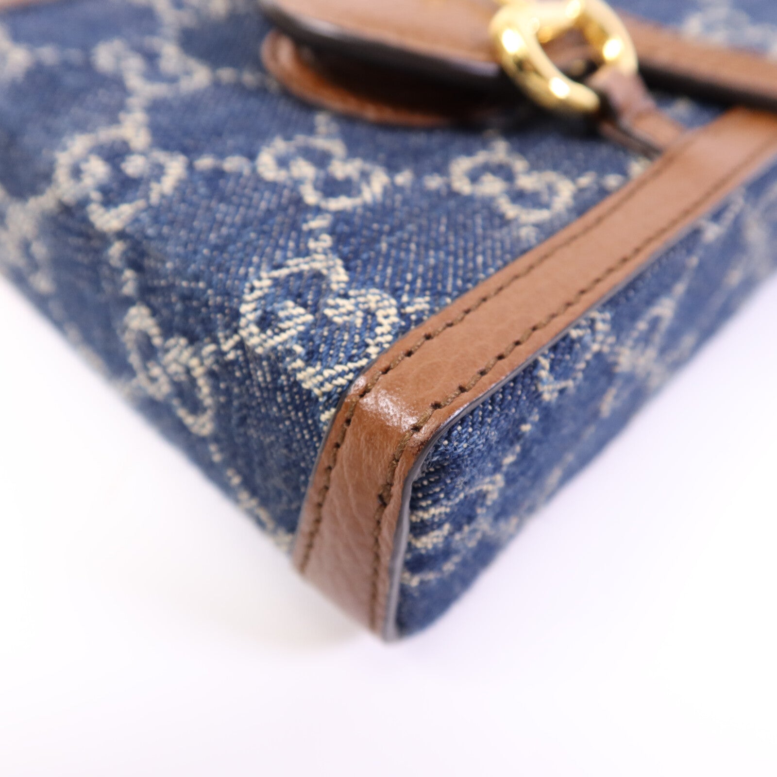 GUCCI 牛皮皮革/牛仔布Horsebit 1955 Mini金扣肩背袋