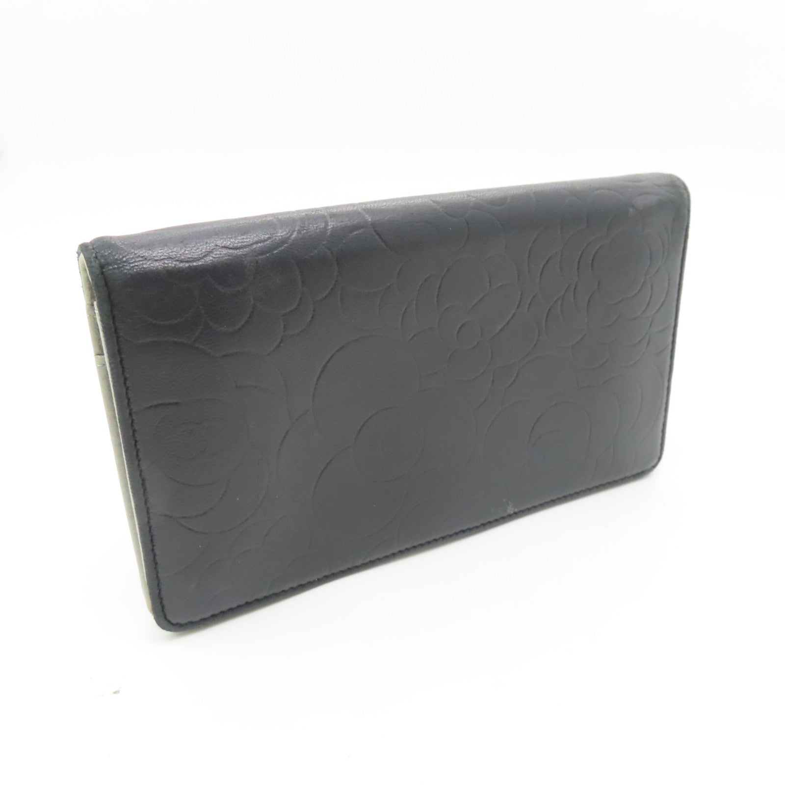 CHANEL Sheepskin Leather Long Wallet Silver Buckle Long Wallet Black