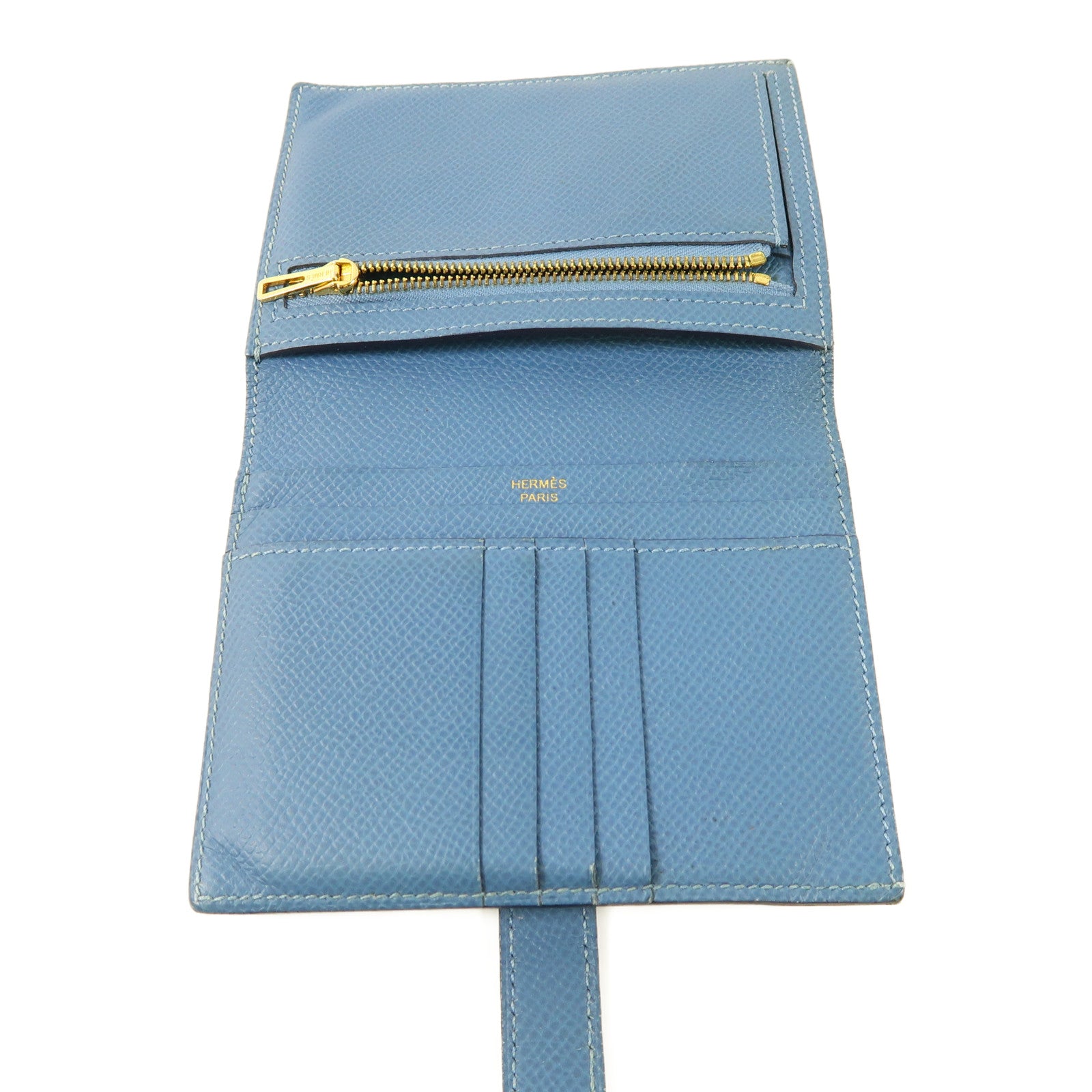HERMES Epsom皮革Bearn Compant Wallet金扣錢包7R Bleu Azur