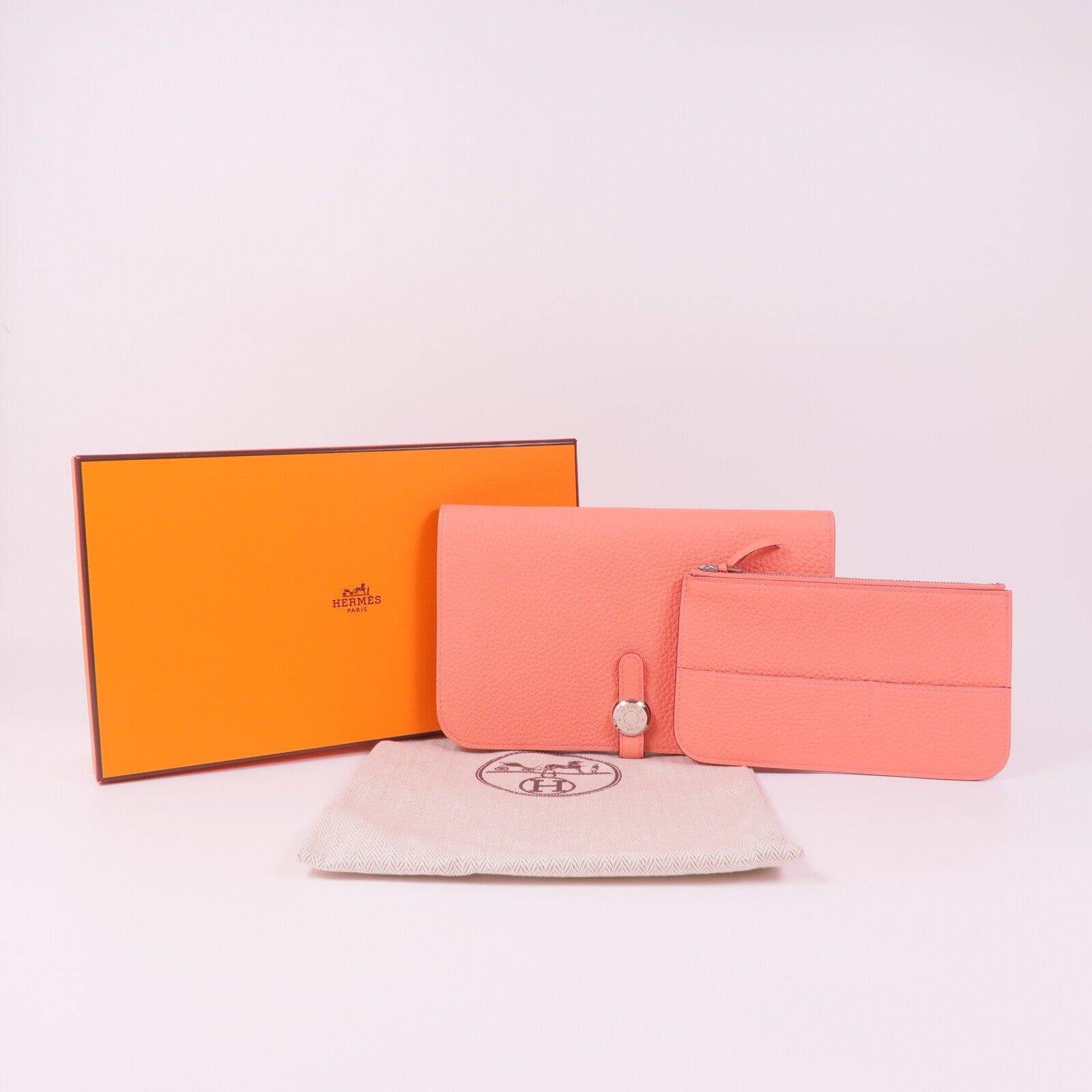 HERMES 【激減優惠】Clemence皮革Dogon銀扣長錢包Rose Candy