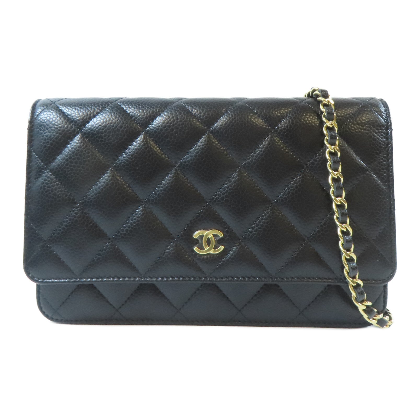 CHANEL 菱格Caviar皮革Wallet On Chain金扣鏈帶肩背袋黑色