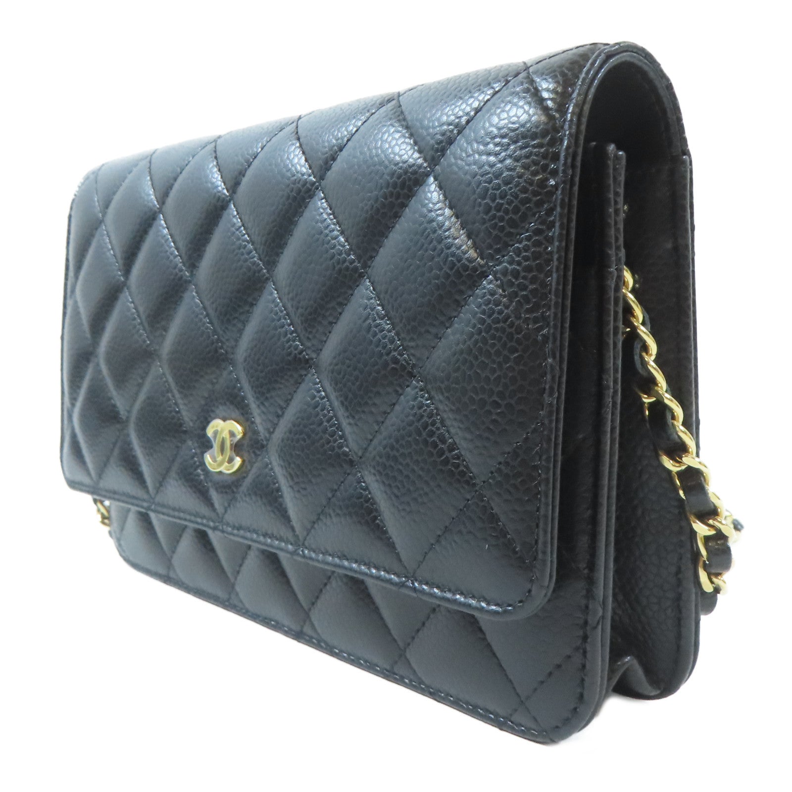 CHANEL 菱格Caviar皮革Wallet On Chain金扣鏈帶肩背袋黑色