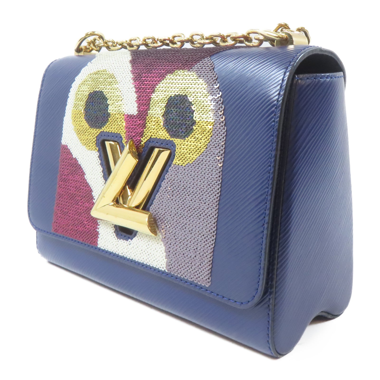 LOUIS VUITTON EPI Sequin Owl Twist MM金扣鏈帶肩背袋深藍色
