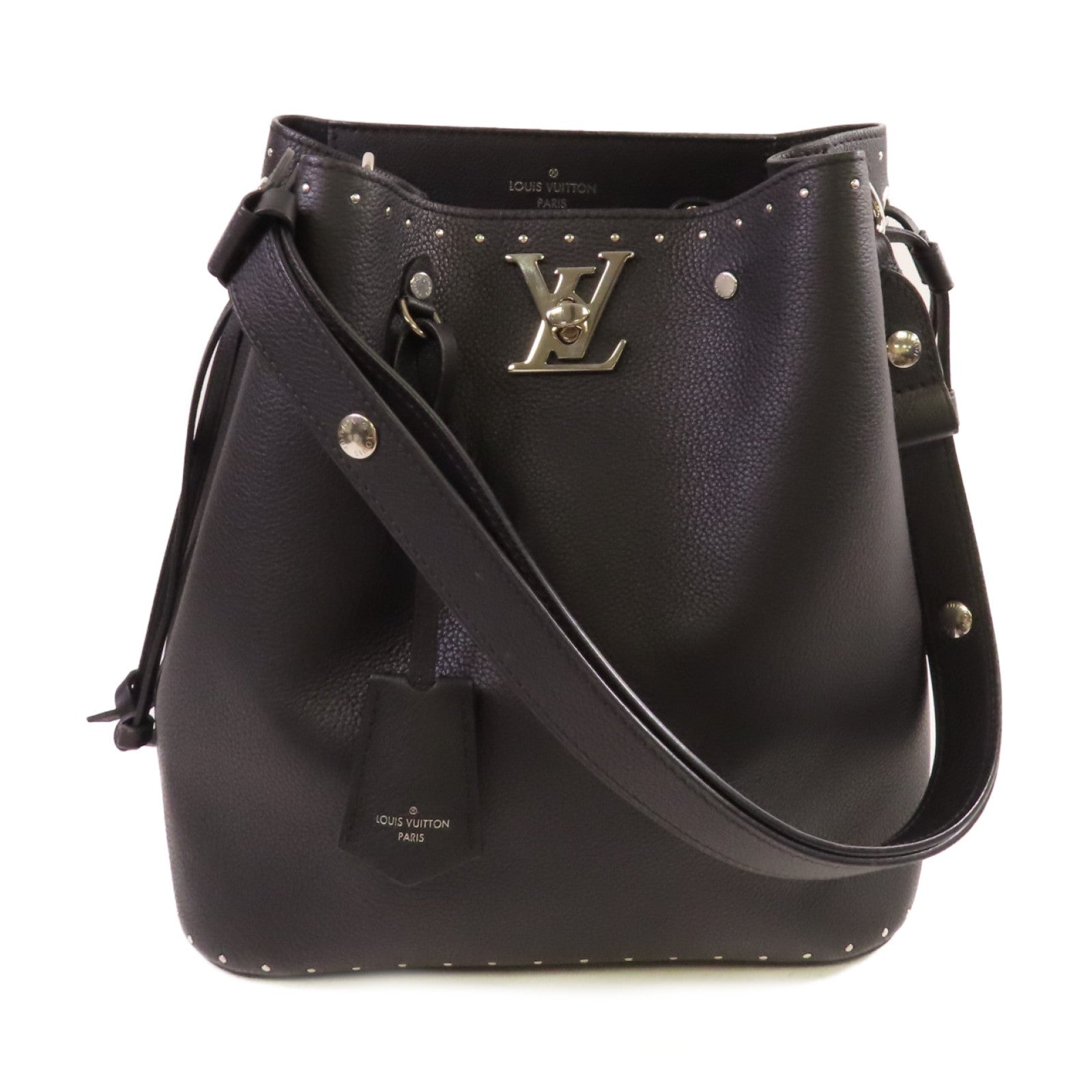 LOUIS VUITTON 牛皮皮革Lock Me Bucket Shoulder Bag銀扣肩背袋黑色