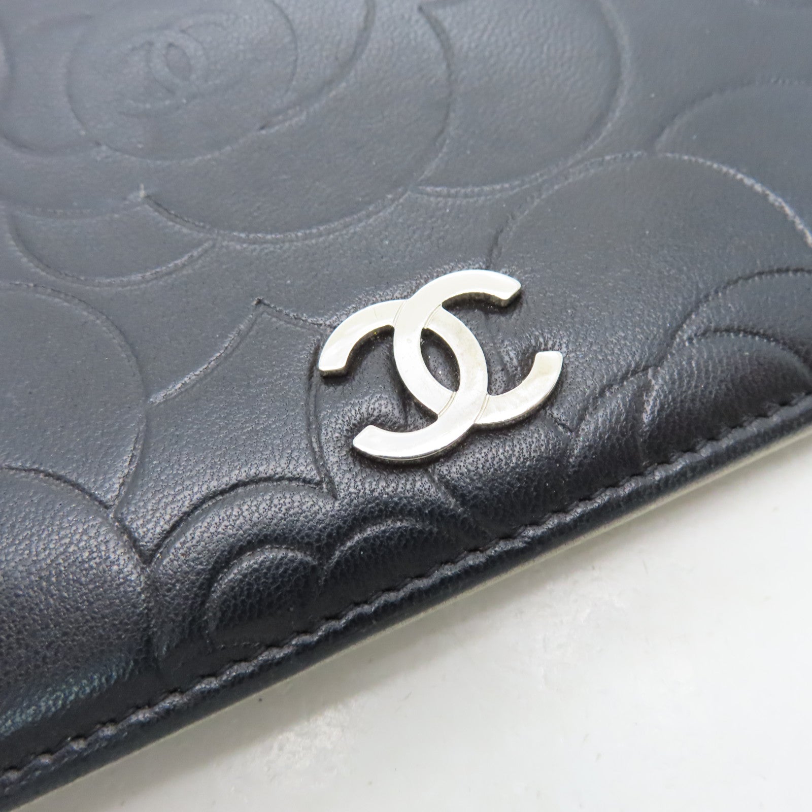 CHANEL Sheepskin Leather Long Wallet Silver Buckle Long Wallet Black