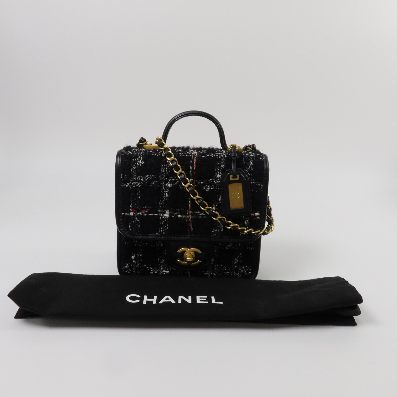 CHANEL Tweed/牛皮皮革Top Handle Flap Bag鏈帶手挽肩背兩用袋