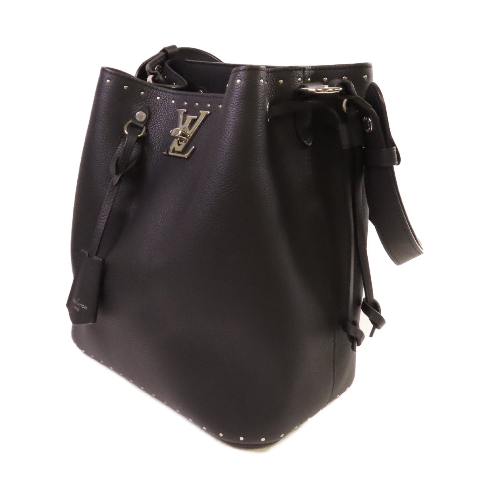LOUIS VUITTON 牛皮皮革Lock Me Bucket Shoulder Bag銀扣肩背袋黑色