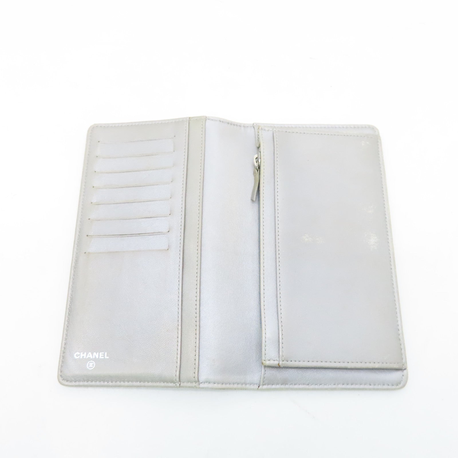 CHANEL Sheepskin Leather Long Wallet Silver Buckle Long Wallet Black