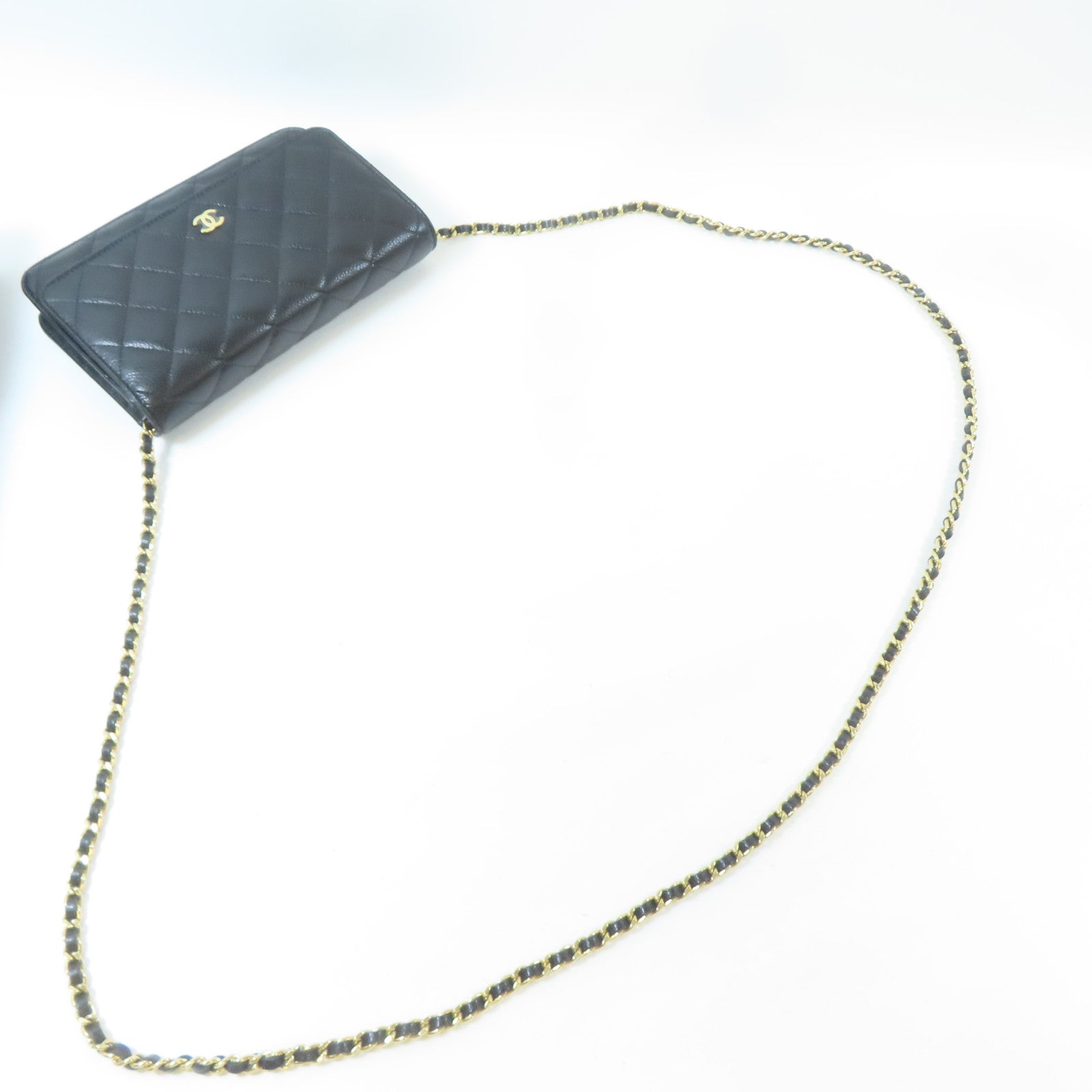 CHANEL 菱格Caviar皮革Wallet On Chain金扣鏈帶肩背袋黑色