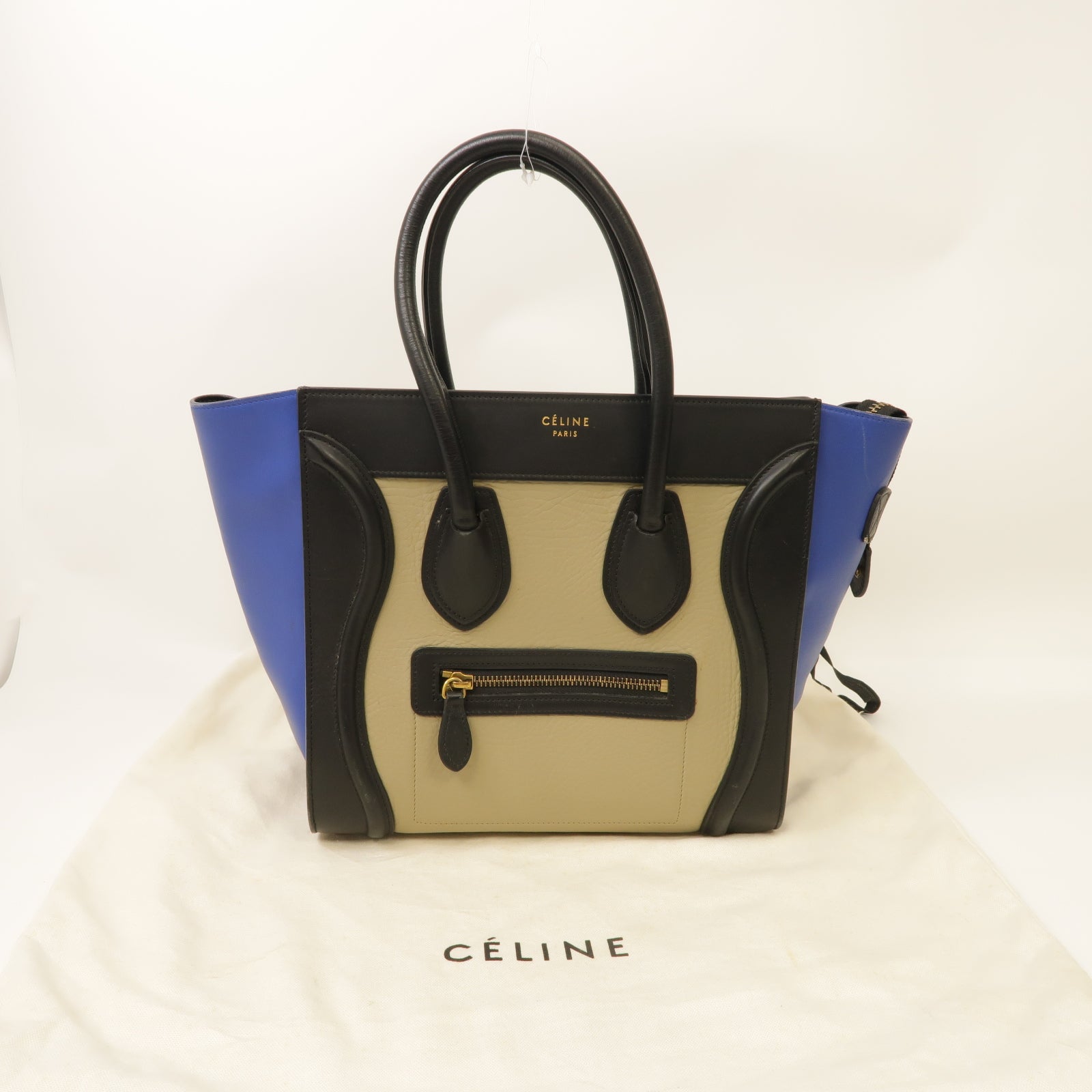 CELINE 牛皮皮革Mirco Luggage金扣手挽袋米色/黑色/藍色