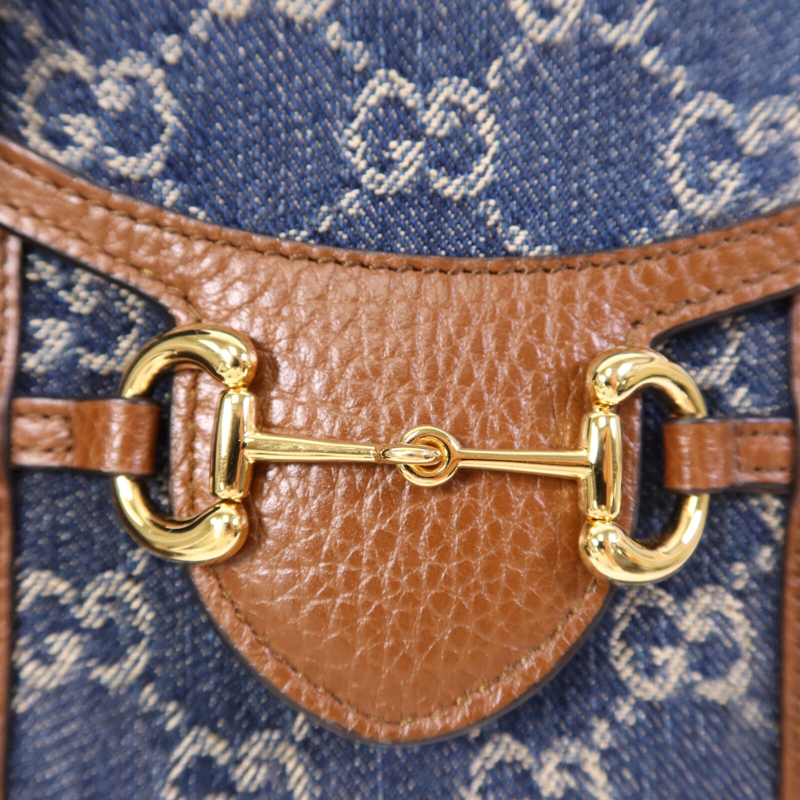 GUCCI 牛皮皮革/牛仔布Horsebit 1955 Mini金扣肩背袋