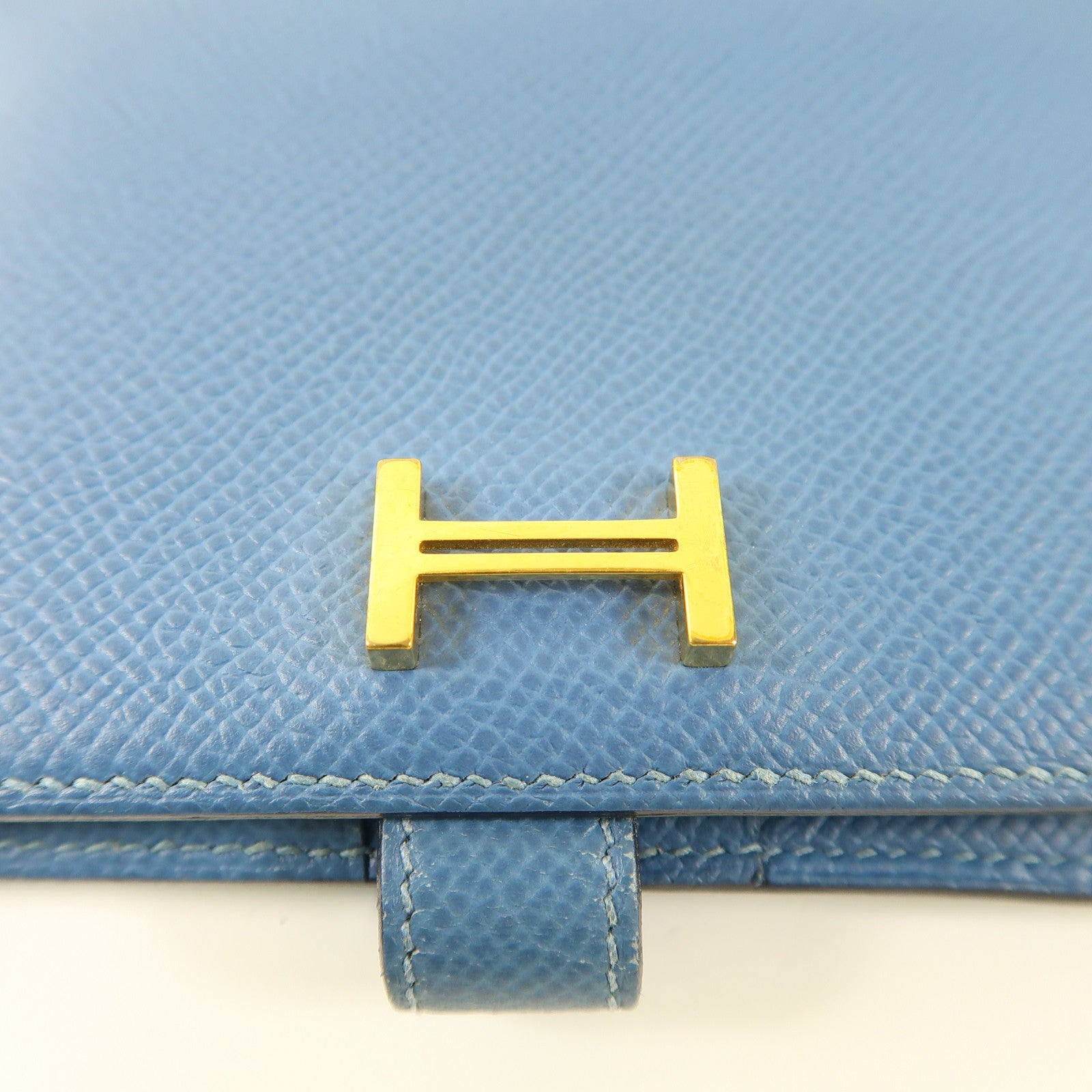HERMES Epsom皮革Bearn Compant Wallet金扣錢包7R Bleu Azur