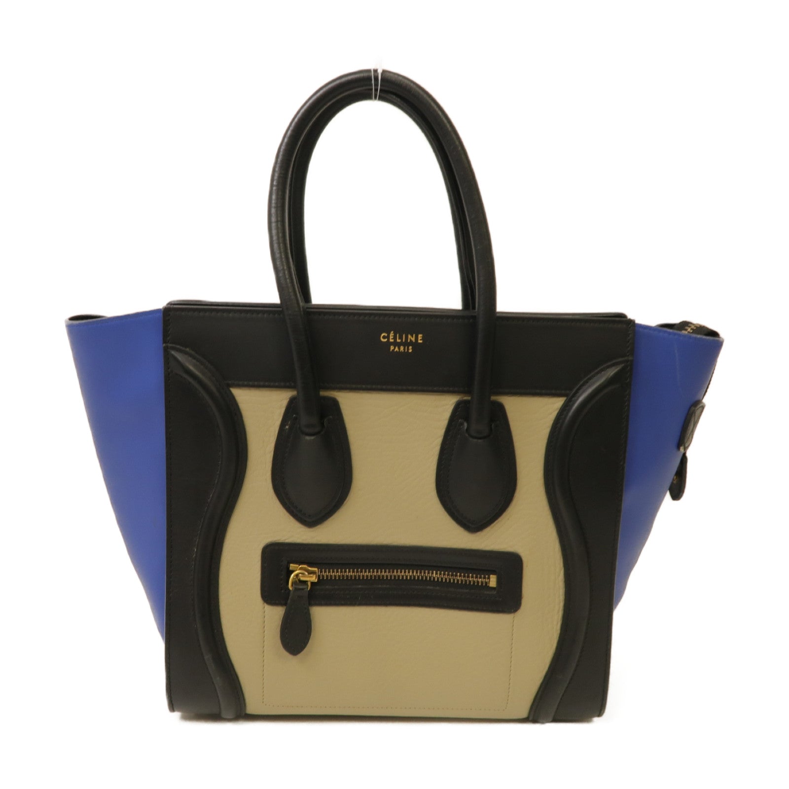 CELINE 牛皮皮革Mirco Luggage金扣手挽袋米色/黑色/藍色