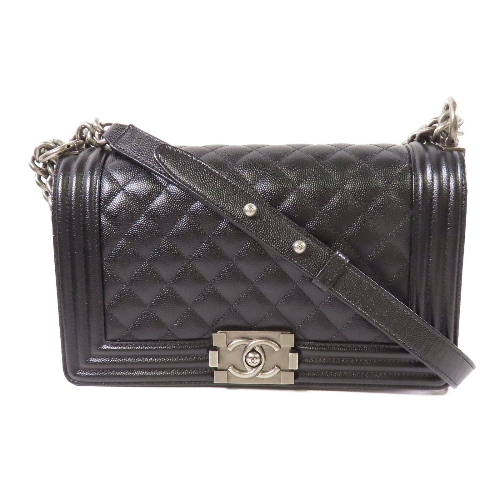 CHANEL 牛皮皮革Boy 25銀扣鏈帶肩背袋