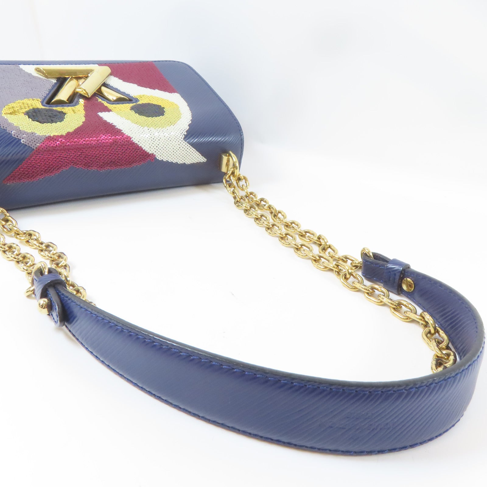 LOUIS VUITTON EPI Sequin Owl Twist MM金扣鏈帶肩背袋深藍色