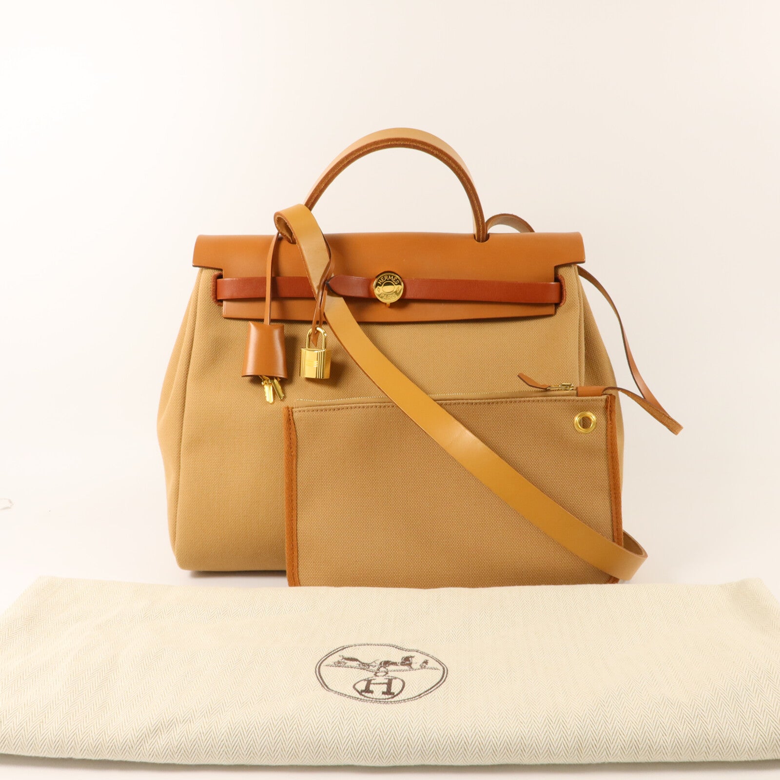 HERMES 帆布Herbag PM手挽肩背兩用袋Chai/Naturel-Sable/Fauve/Cuivre