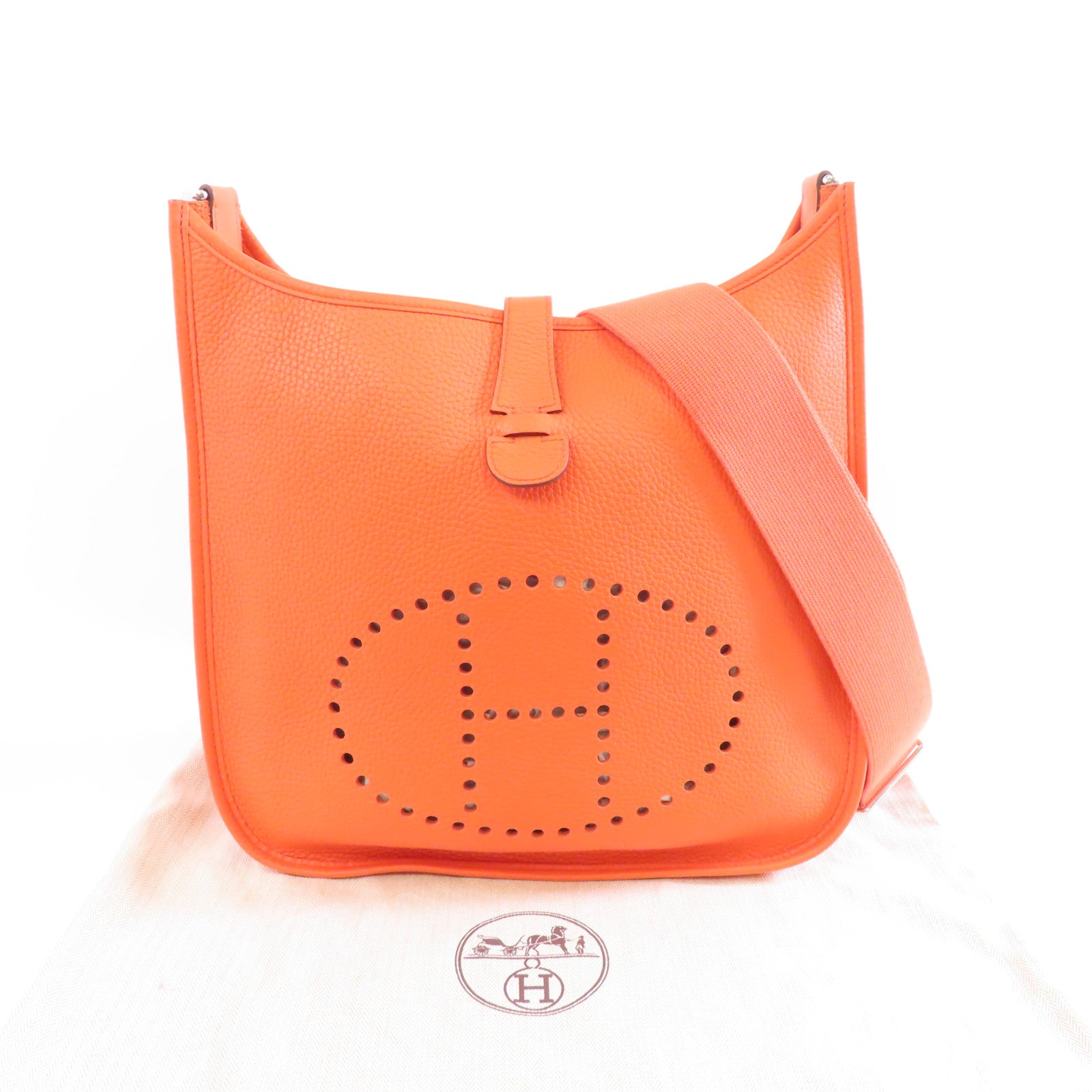 HERMES Clemence皮革Evelyne GM銀扣肩背袋Orange橙色
