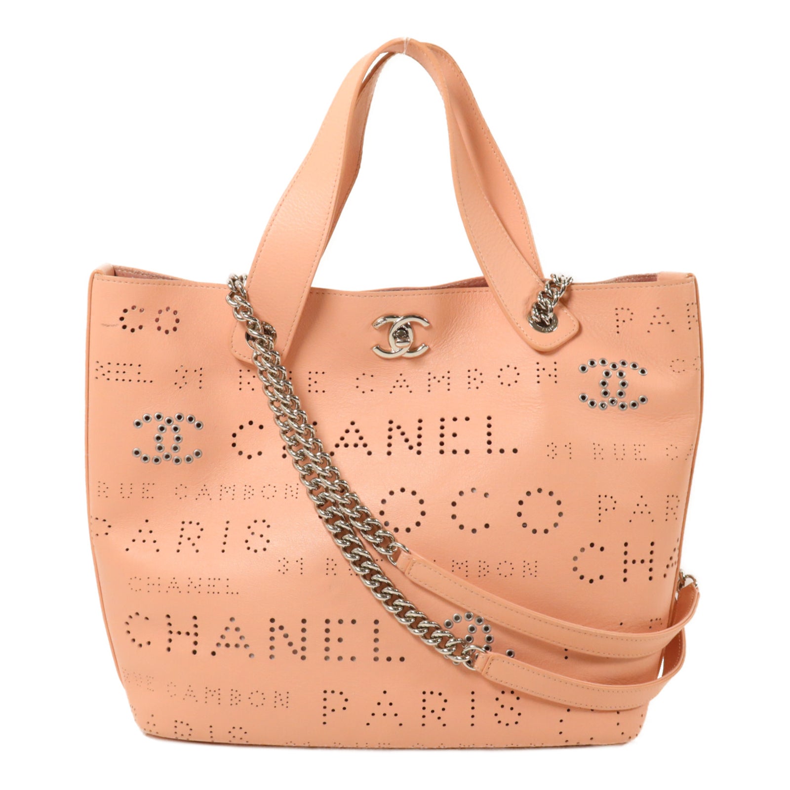 CHANEL 牛皮皮革Logo Eyelets Perforated Tote鏈帶手挽肩背兩用袋
