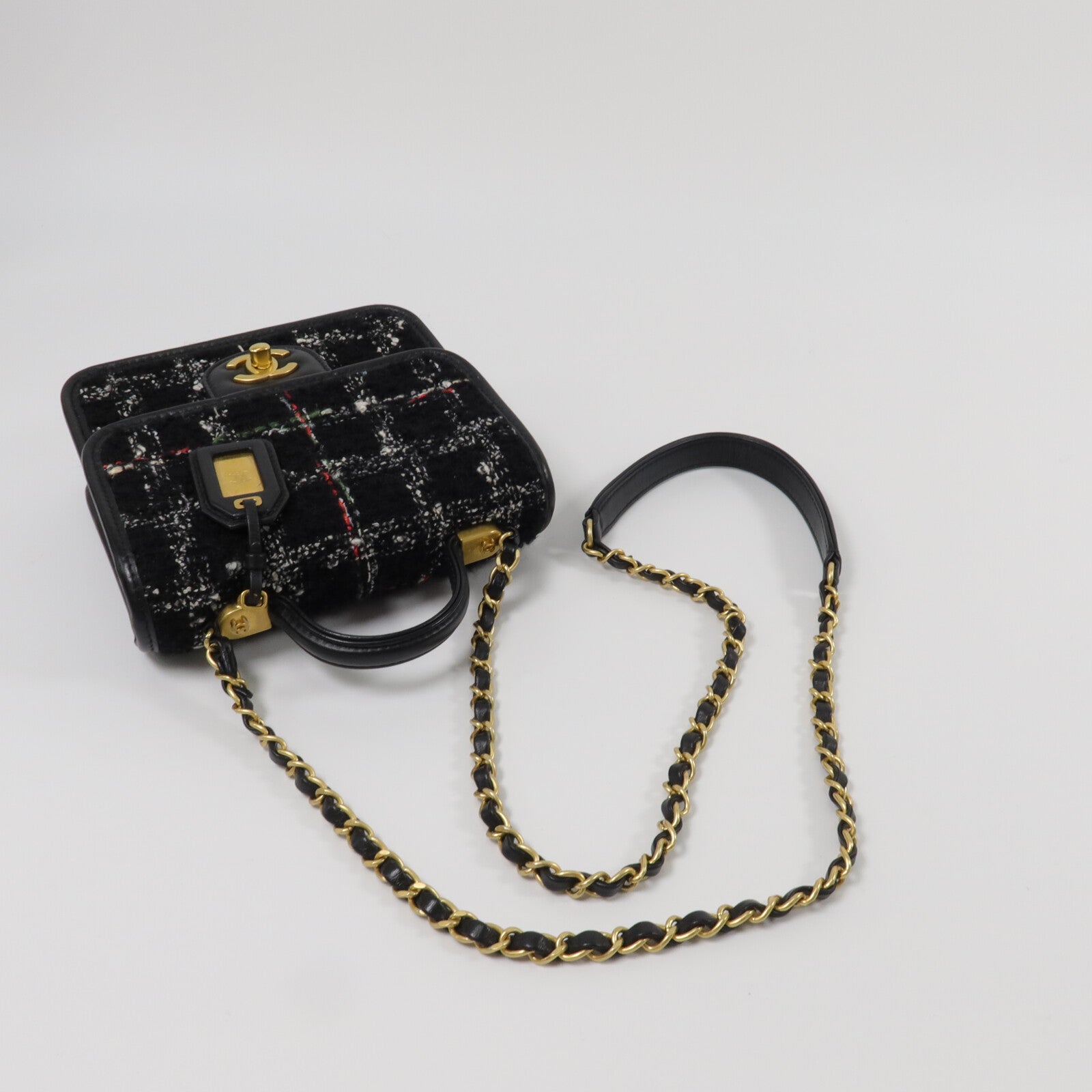 CHANEL Tweed/牛皮皮革Top Handle Flap Bag鏈帶手挽肩背兩用袋