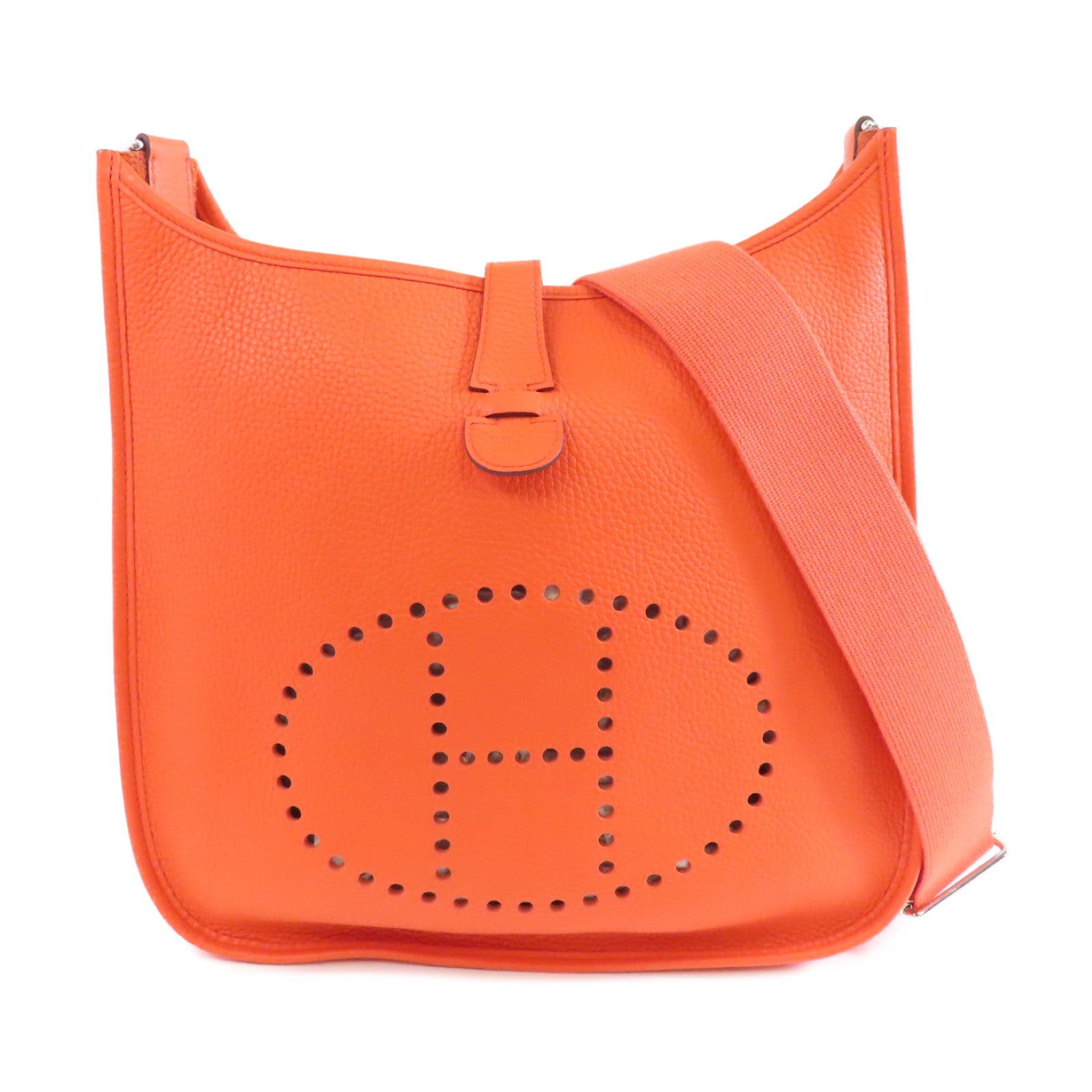 HERMES Clemence皮革Evelyne GM銀扣肩背袋Orange橙色