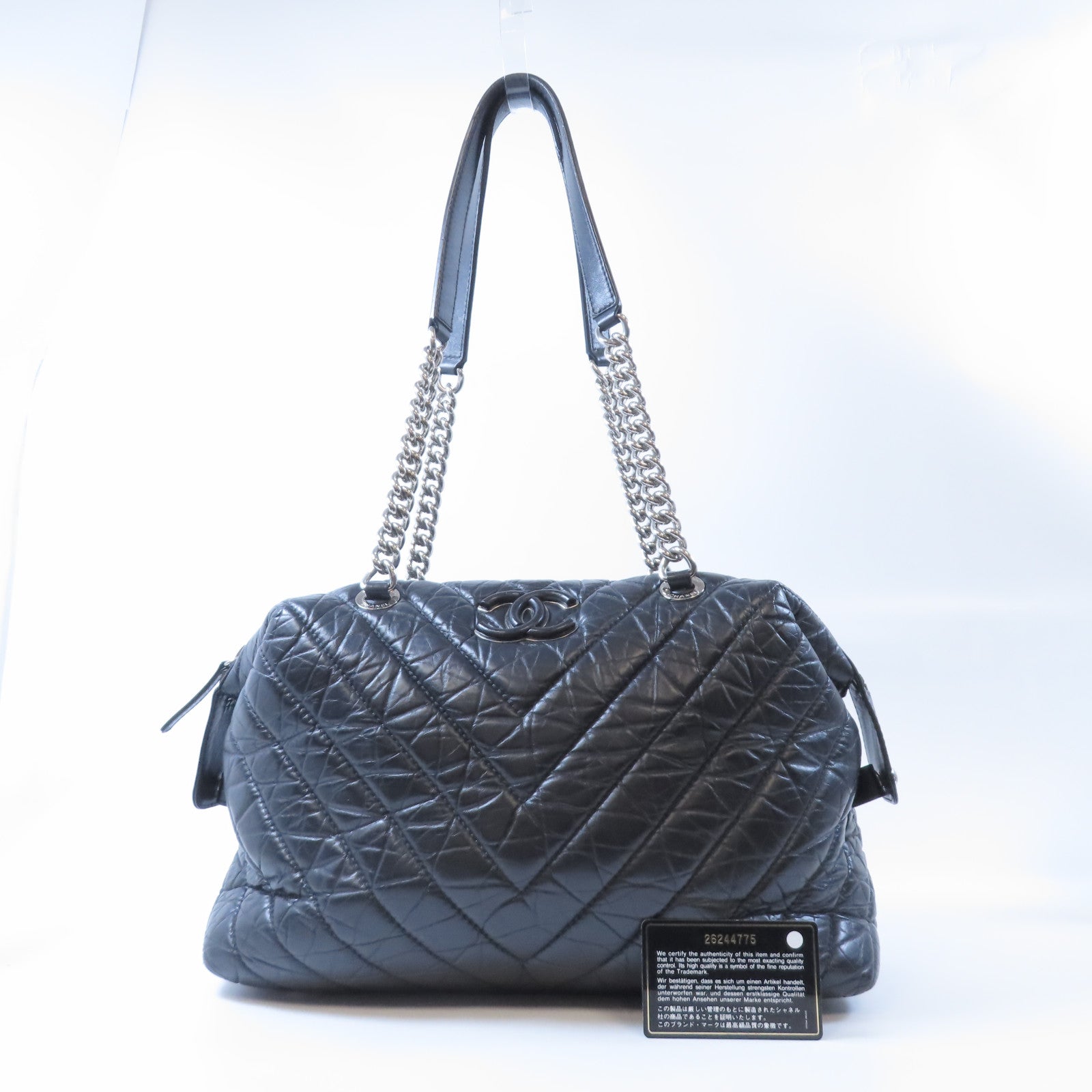 CHANEL 【激減優惠】斜紋皮革Shoulder Bag銀扣肩背袋黑色