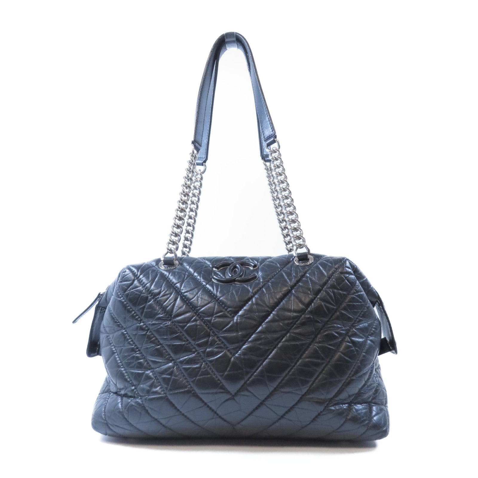 CHANEL 【激減優惠】斜紋皮革Shoulder Bag銀扣肩背袋黑色