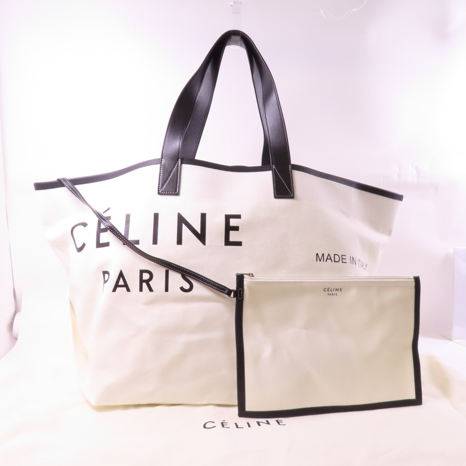 CELINE 帆布Large Tote銀扣肩背袋白色/黑色