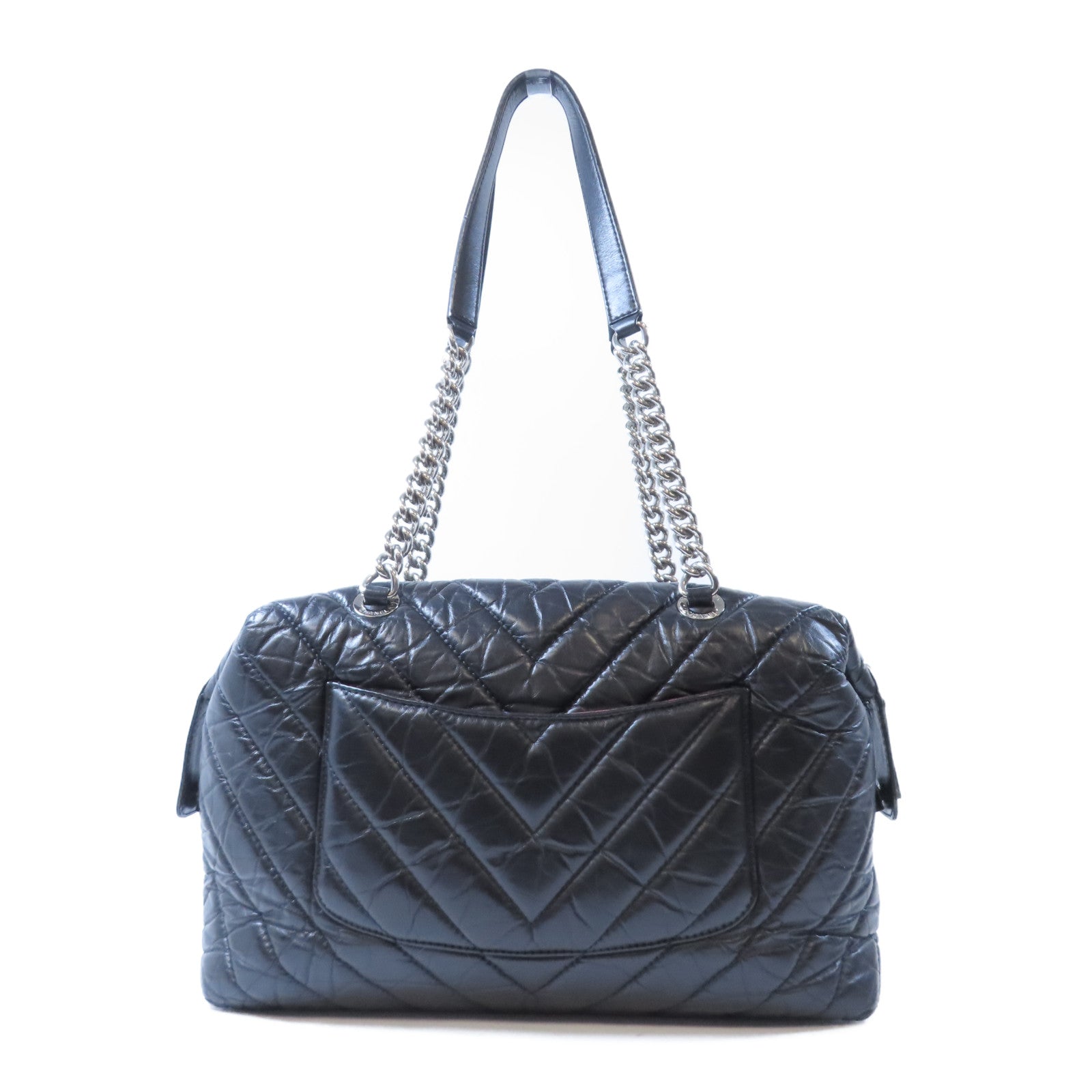 CHANEL 【激減優惠】斜紋皮革Shoulder Bag銀扣肩背袋黑色