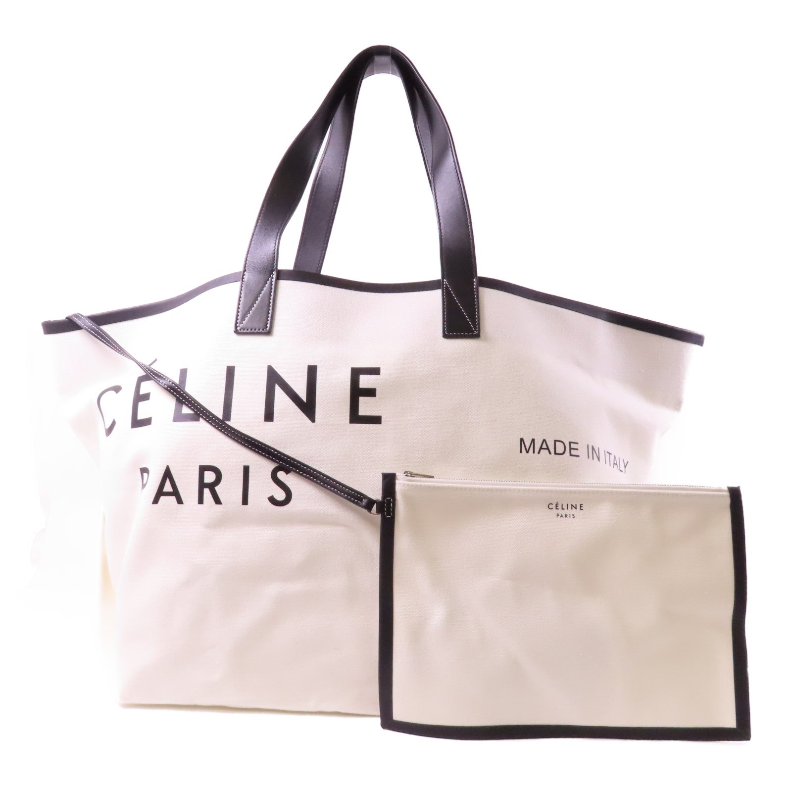 CELINE 帆布Large Tote銀扣肩背袋白色/黑色
