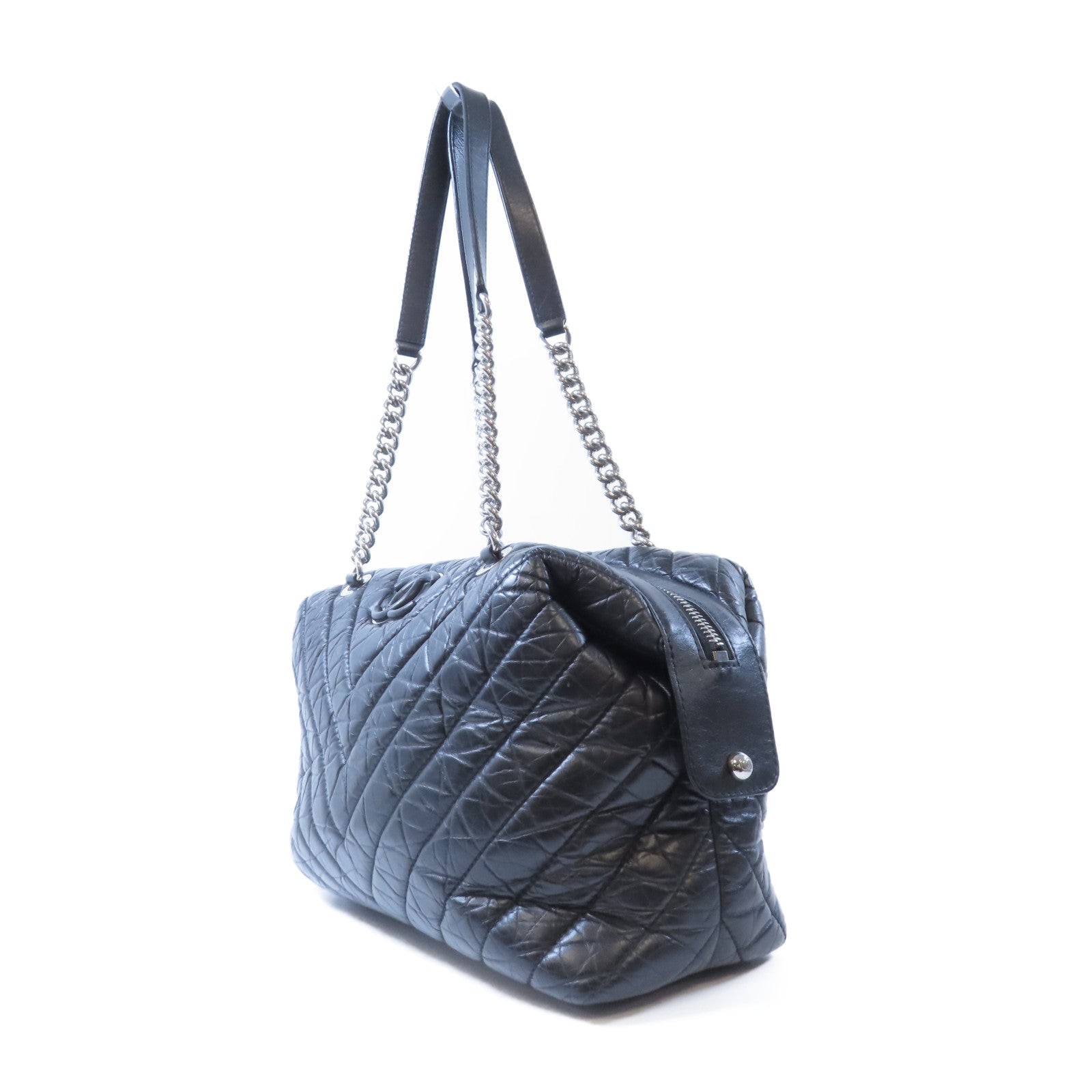 CHANEL 【激減優惠】斜紋皮革Shoulder Bag銀扣肩背袋黑色