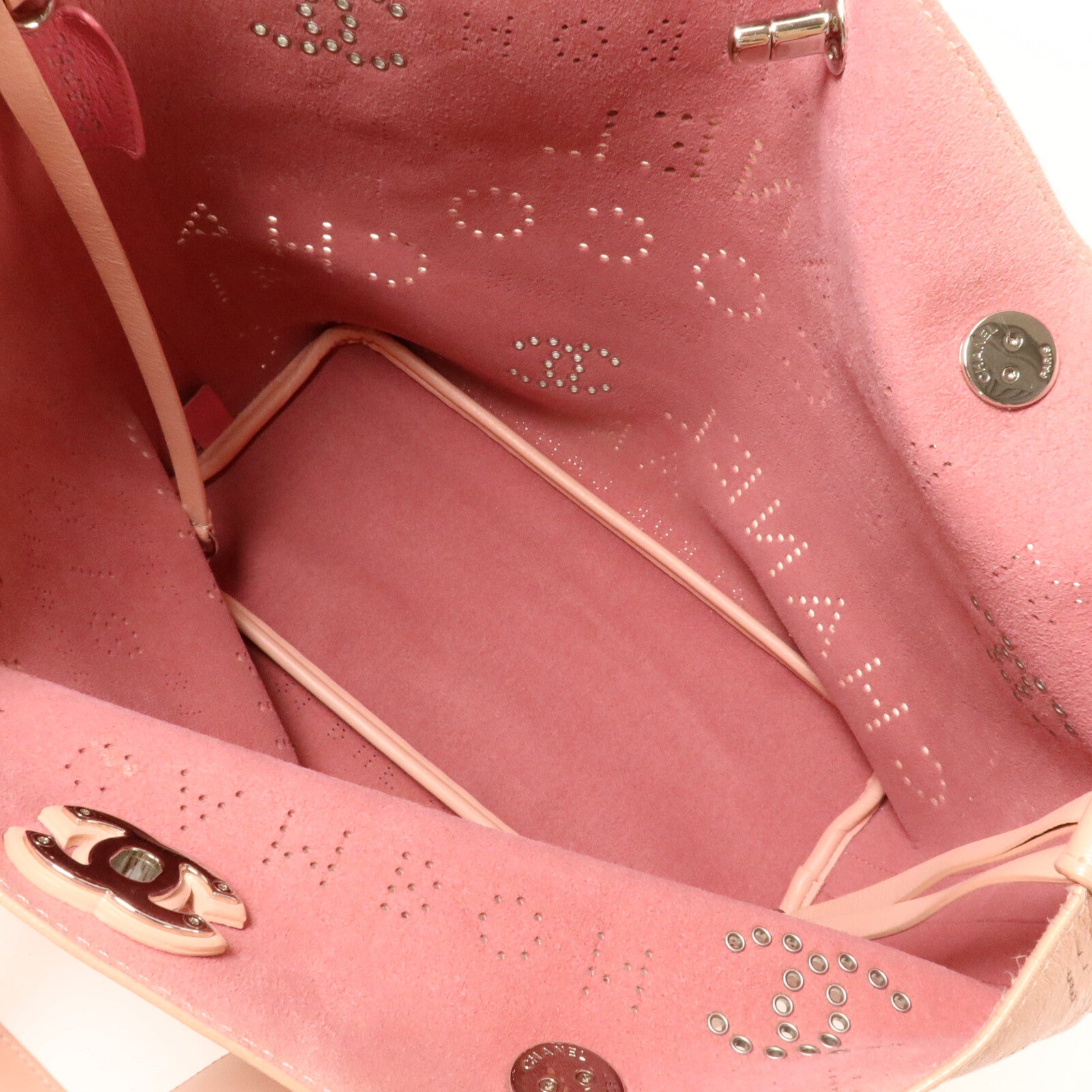CHANEL 牛皮皮革Logo Eyelets Perforated Tote鏈帶手挽肩背兩用袋