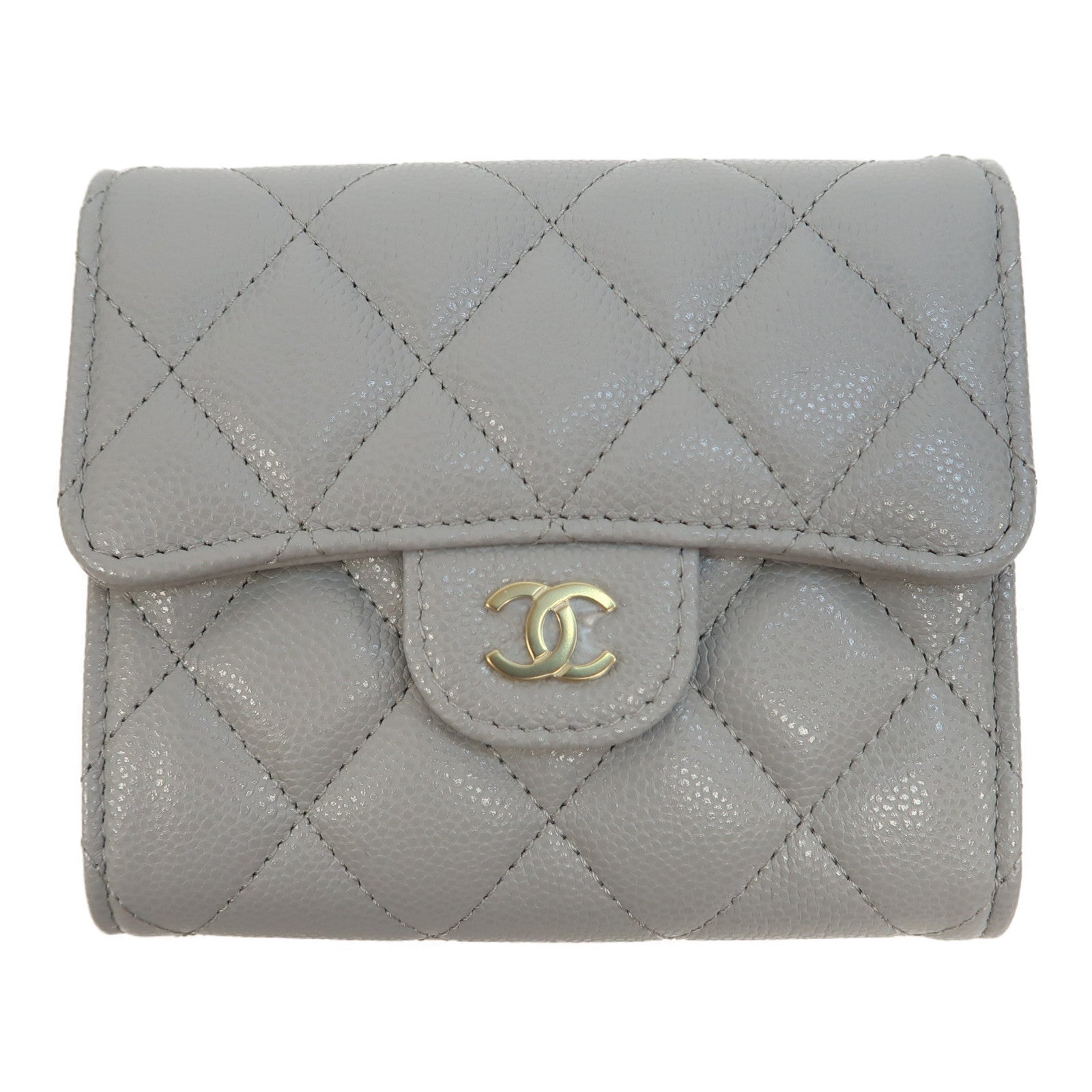 CHANEL 菱格Caviar皮革Wallet金扣錢包灰色