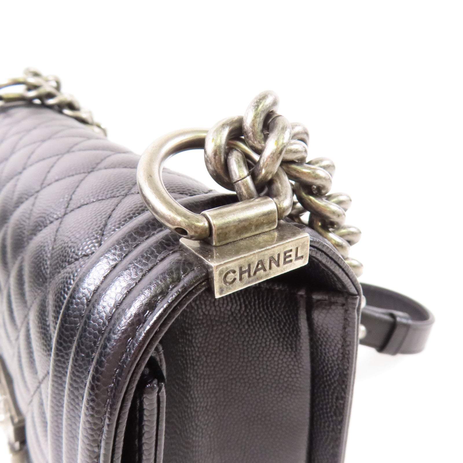 CHANEL 牛皮皮革Boy 25銀扣鏈帶肩背袋