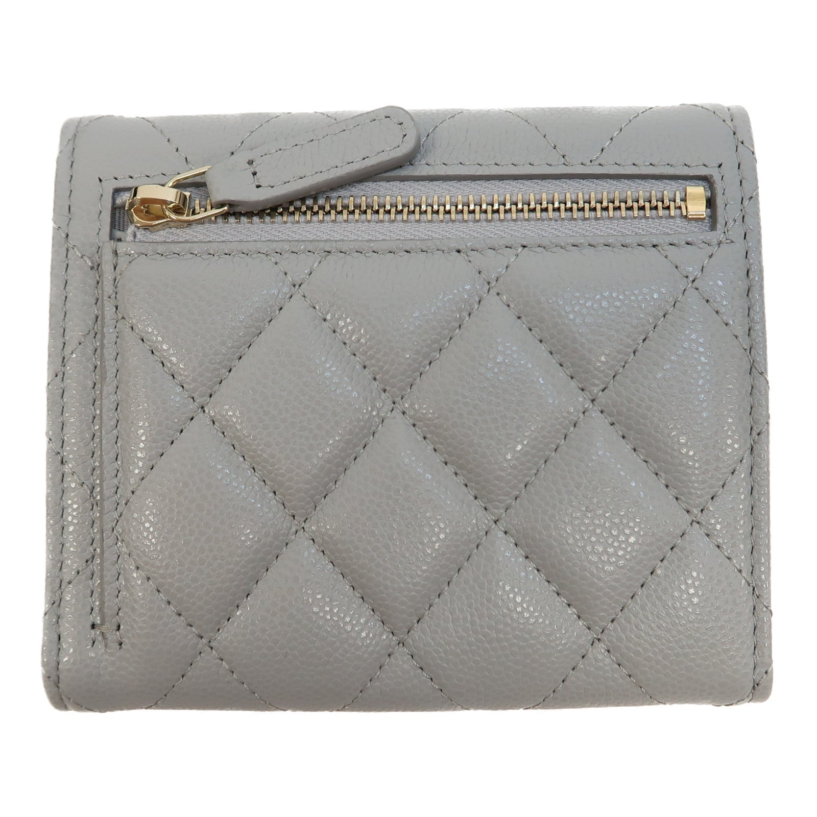 CHANEL 菱格Caviar皮革Wallet金扣錢包灰色