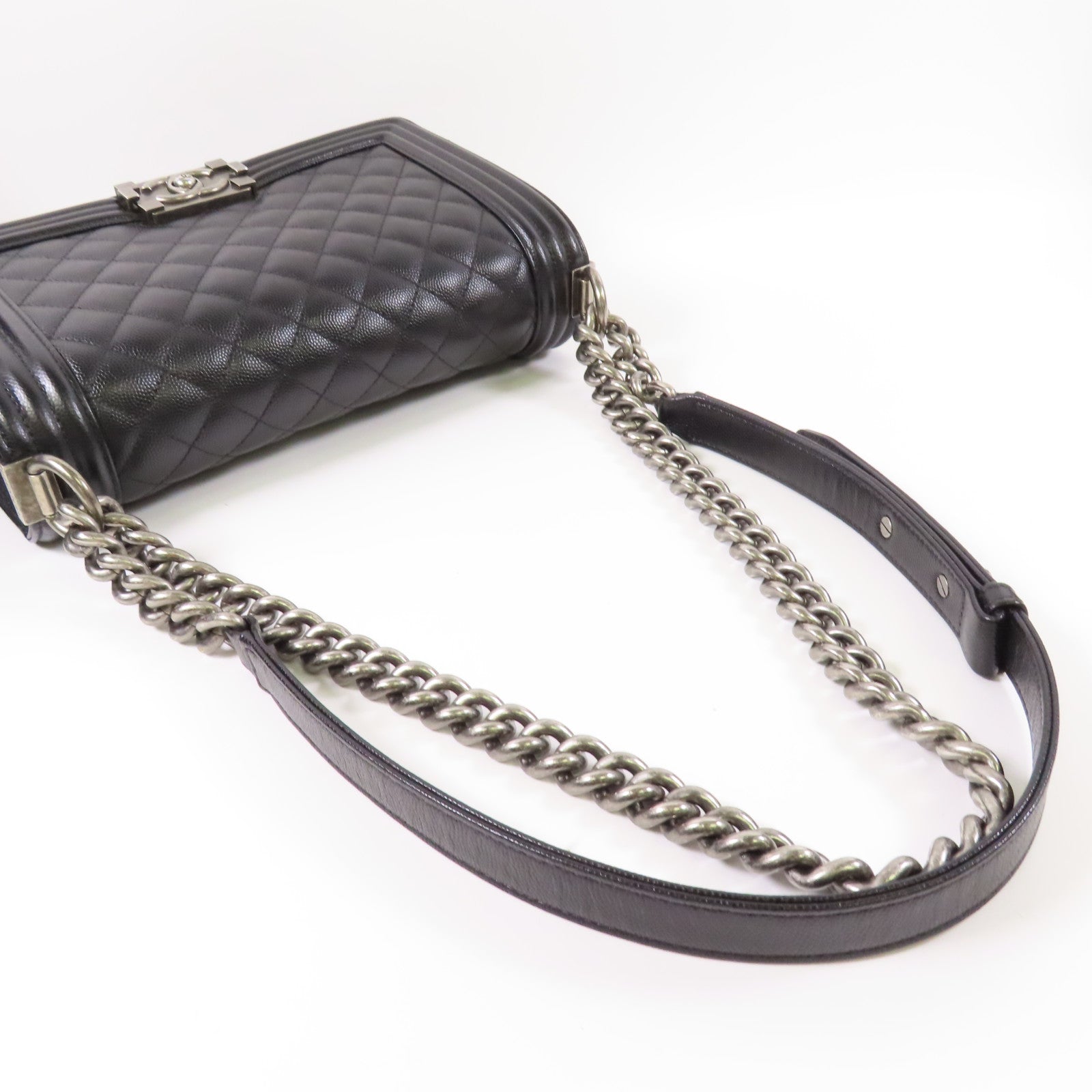 CHANEL 牛皮皮革Boy 25銀扣鏈帶肩背袋