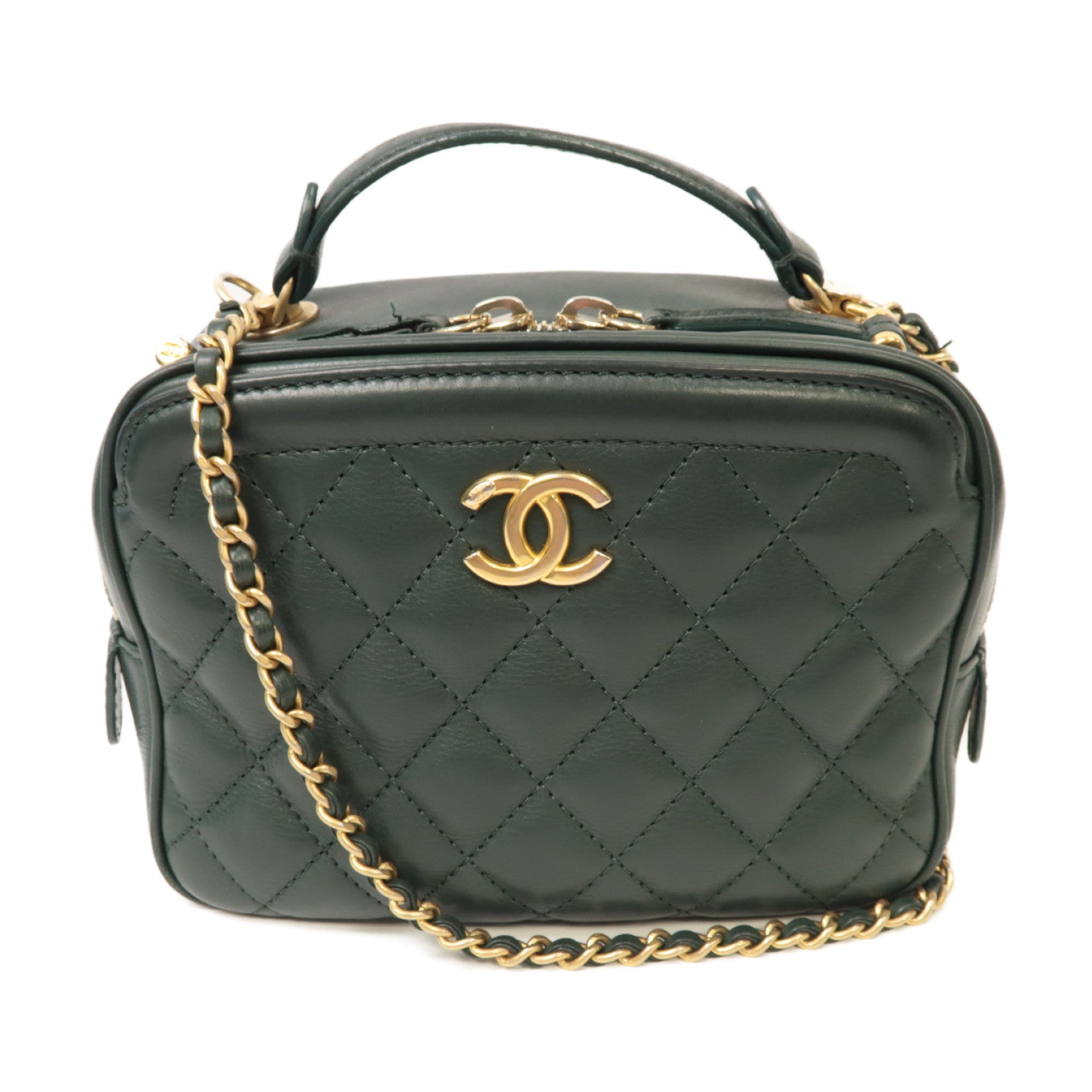 CHANEL 【激減優惠】菱格牛皮皮革2way Shoulder Bag金扣手挽肩背兩用袋綠色