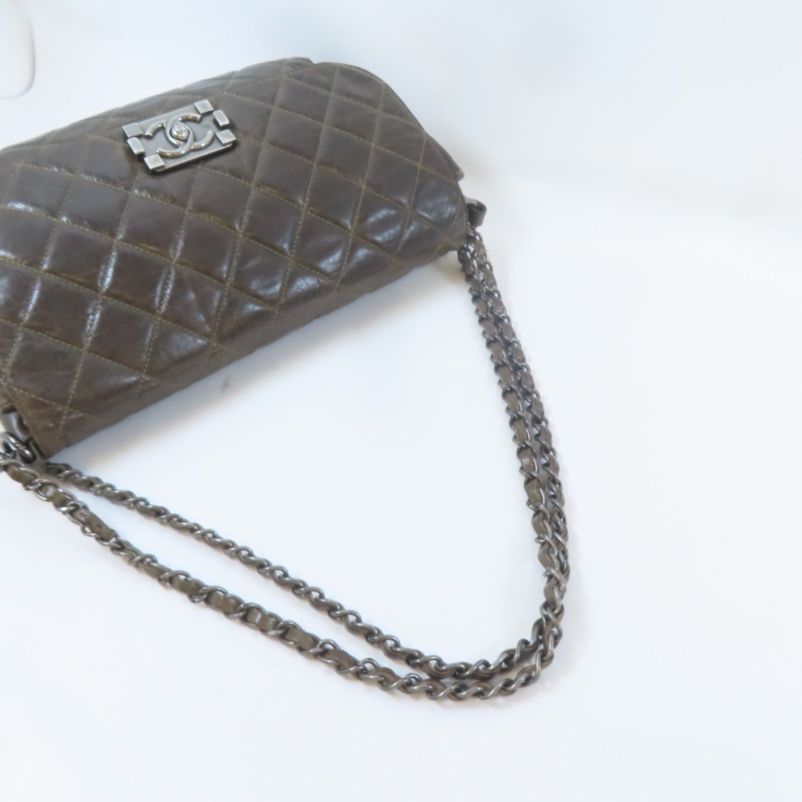 CHANEL 菱格牛皮皮革Chain Shoulder銀扣鏈帶肩背袋啡色