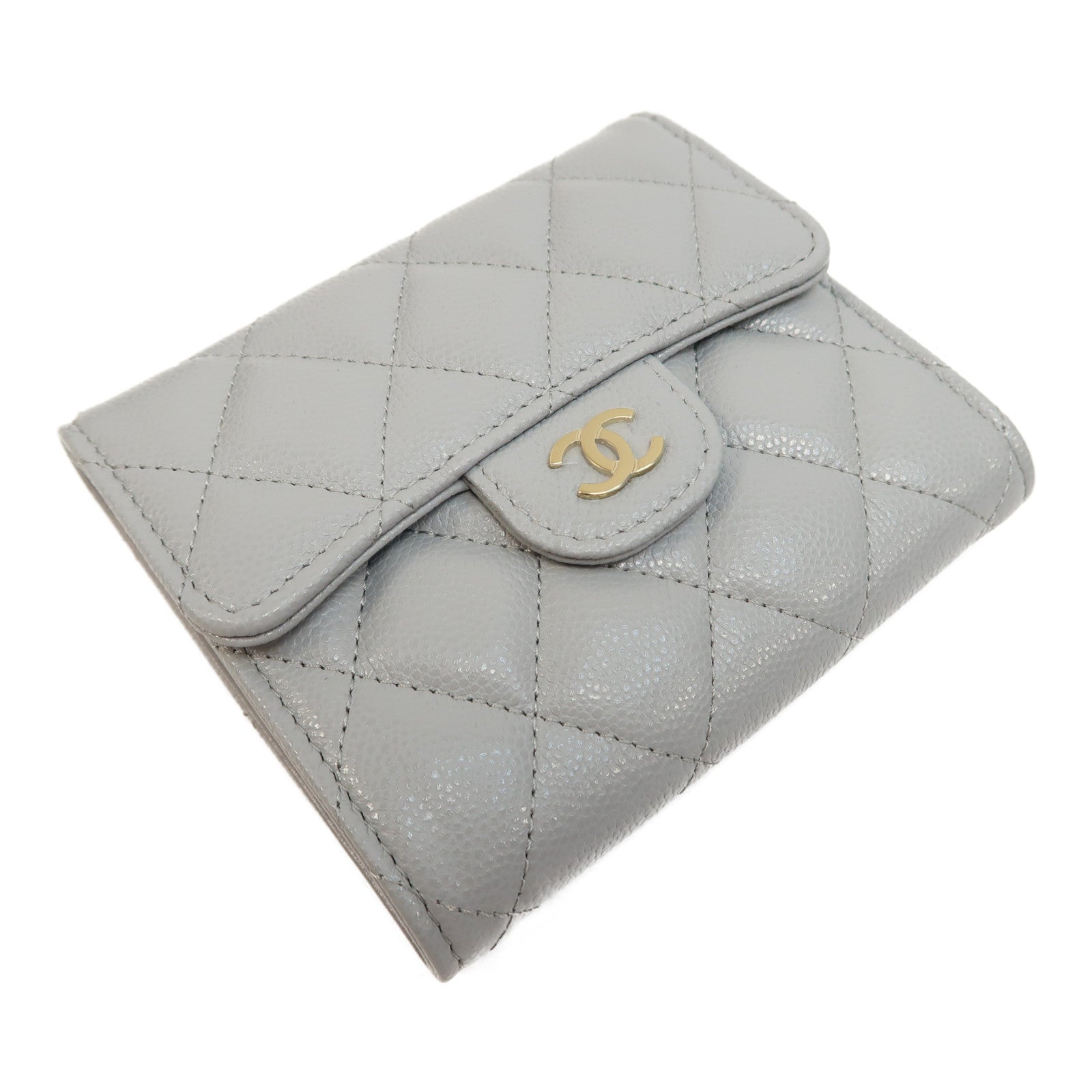 CHANEL 菱格Caviar皮革Wallet金扣錢包灰色