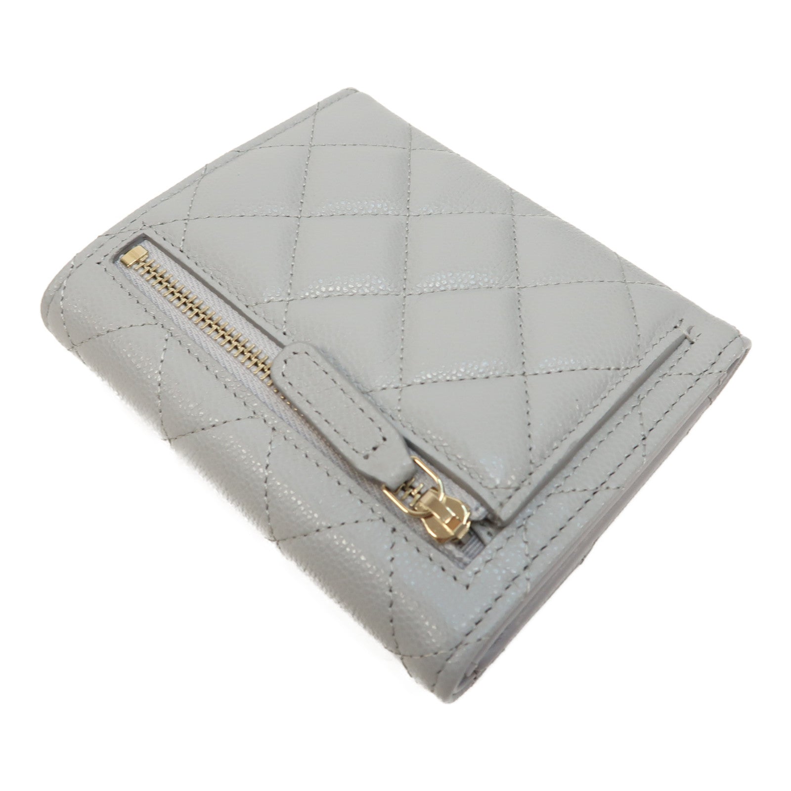 CHANEL 菱格Caviar皮革Wallet金扣錢包灰色