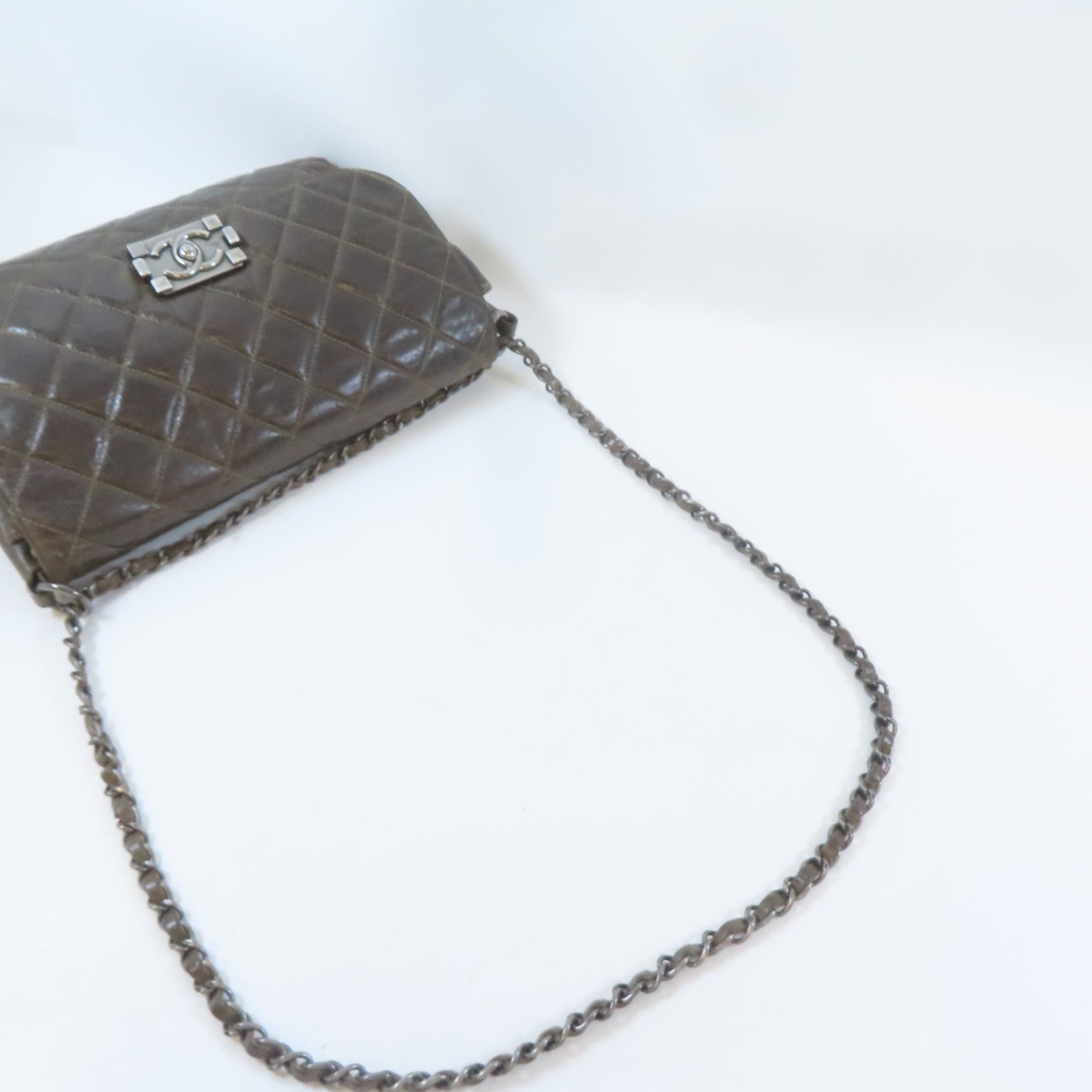 CHANEL 菱格牛皮皮革Chain Shoulder銀扣鏈帶肩背袋啡色