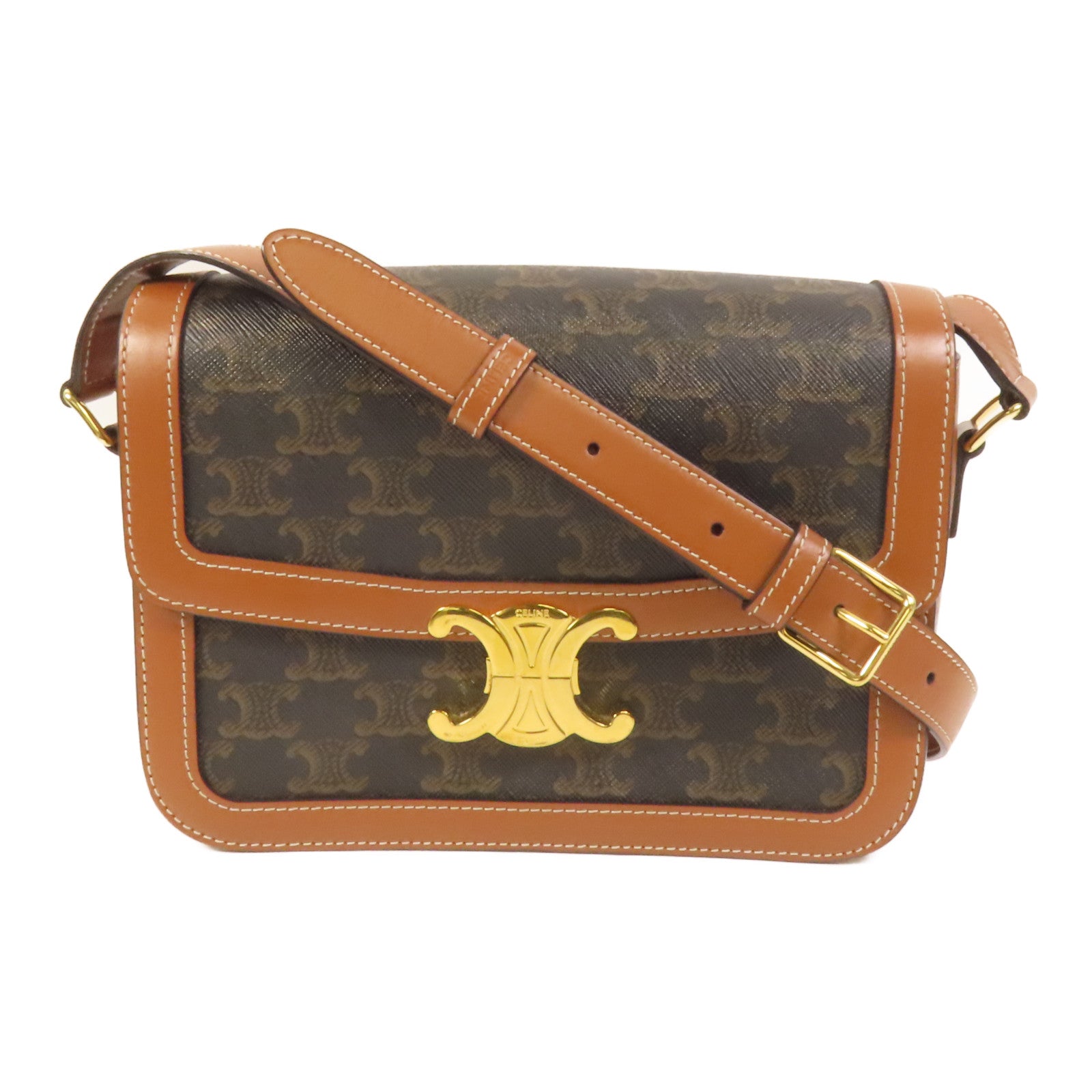 CELINE 塗層帆布/牛皮皮革Classique Triomphe Bag金扣肩背袋
