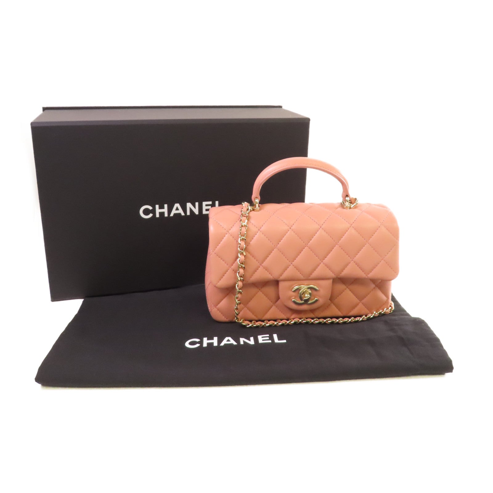 CHANEL 【激減優惠】菱格牛皮皮革Mini Flap Bag With Handle 2Way Shoulder Bag金扣鏈帶手挽肩背兩用袋粉紅色