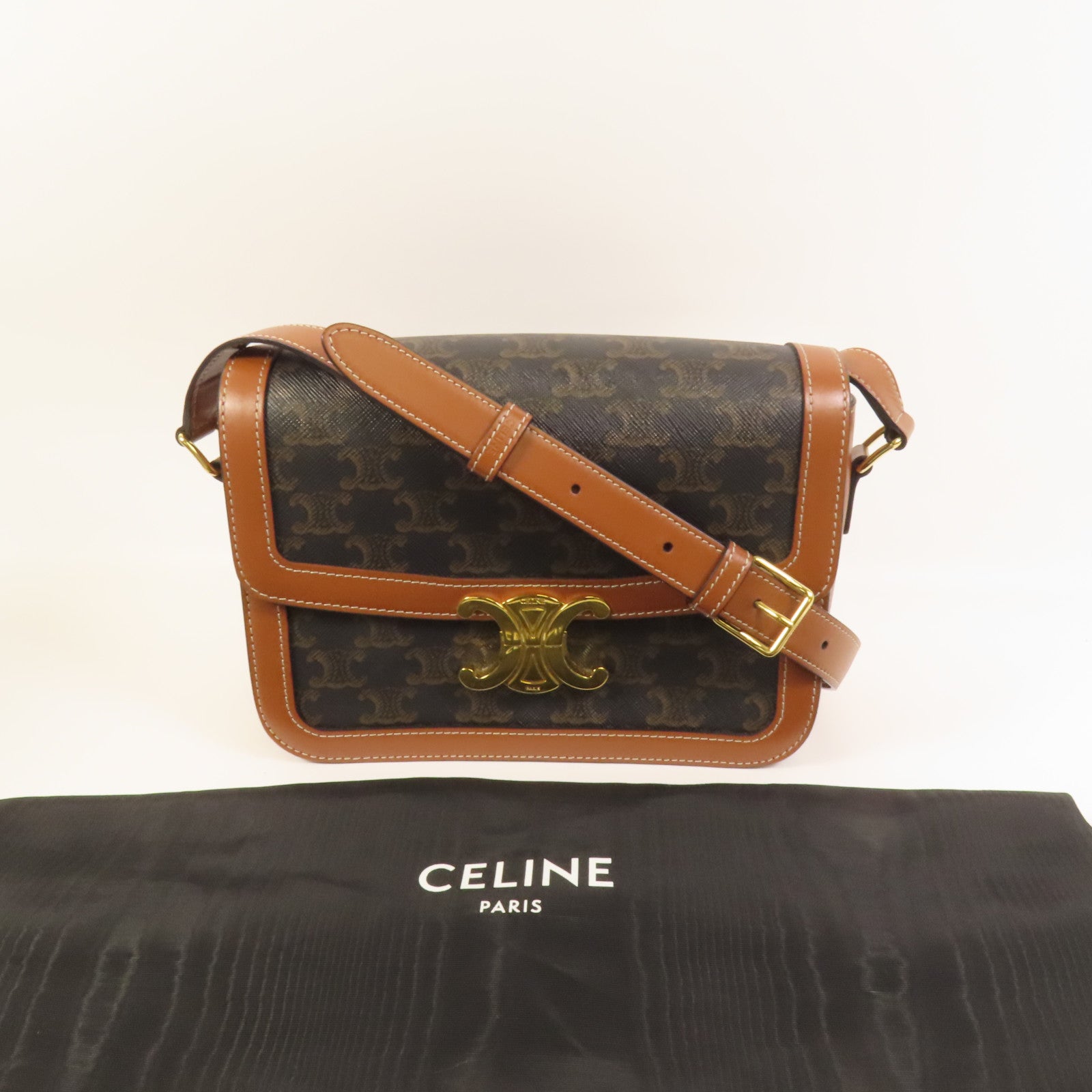 CELINE 塗層帆布/牛皮皮革Classique Triomphe Bag金扣肩背袋