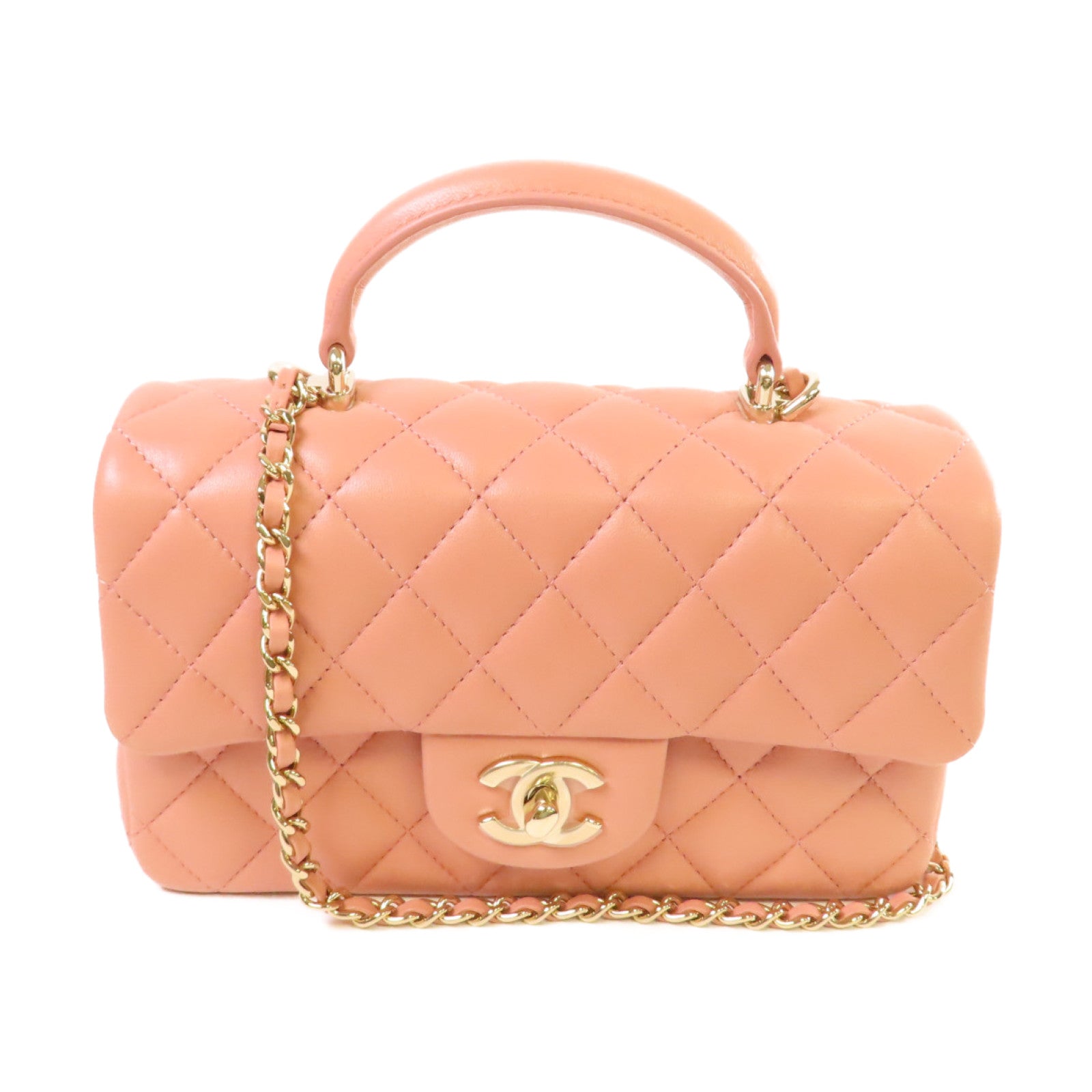 CHANEL 【激減優惠】菱格牛皮皮革Mini Flap Bag With Handle 2Way Shoulder Bag金扣鏈帶手挽肩背兩用袋粉紅色