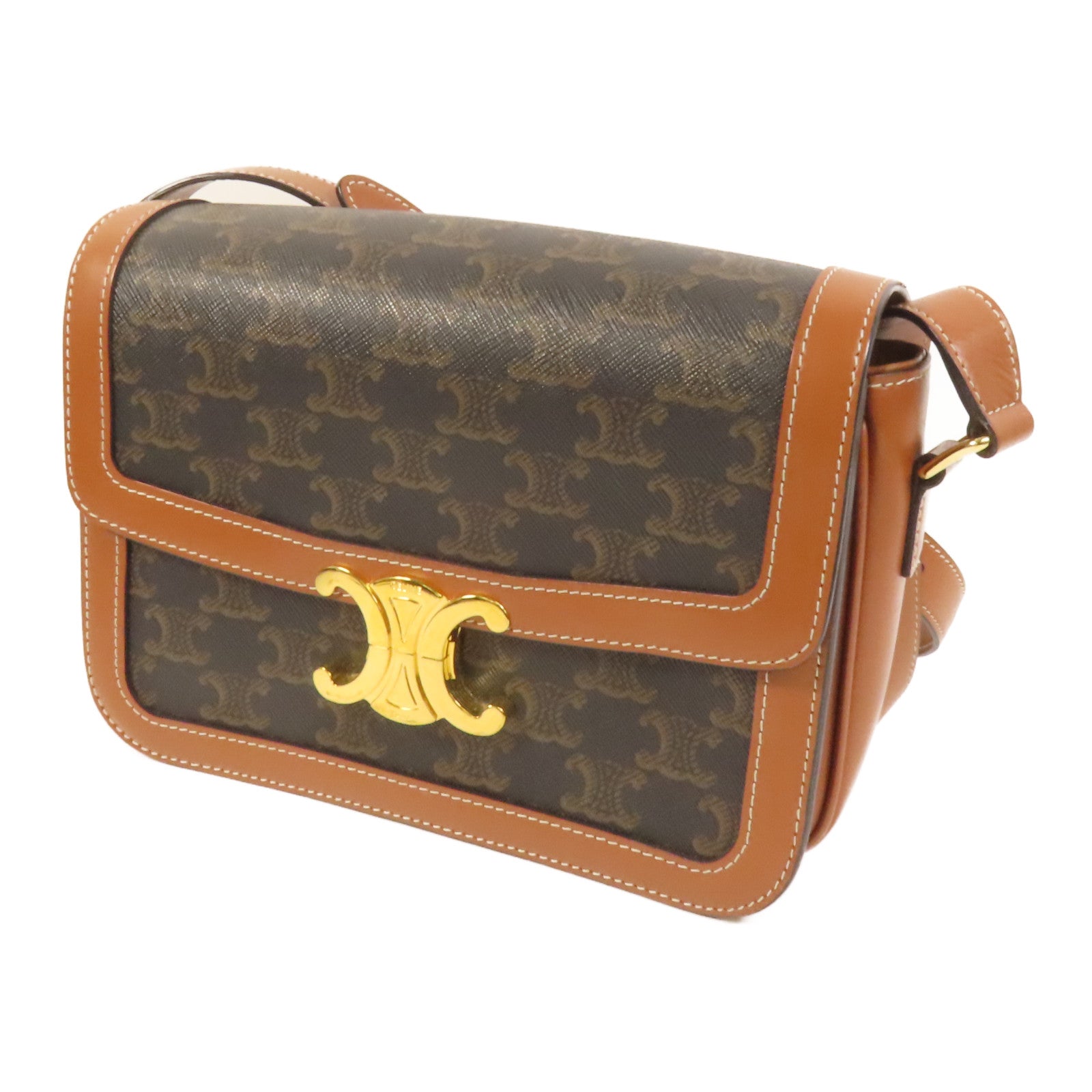 CELINE 塗層帆布/牛皮皮革Classique Triomphe Bag金扣肩背袋